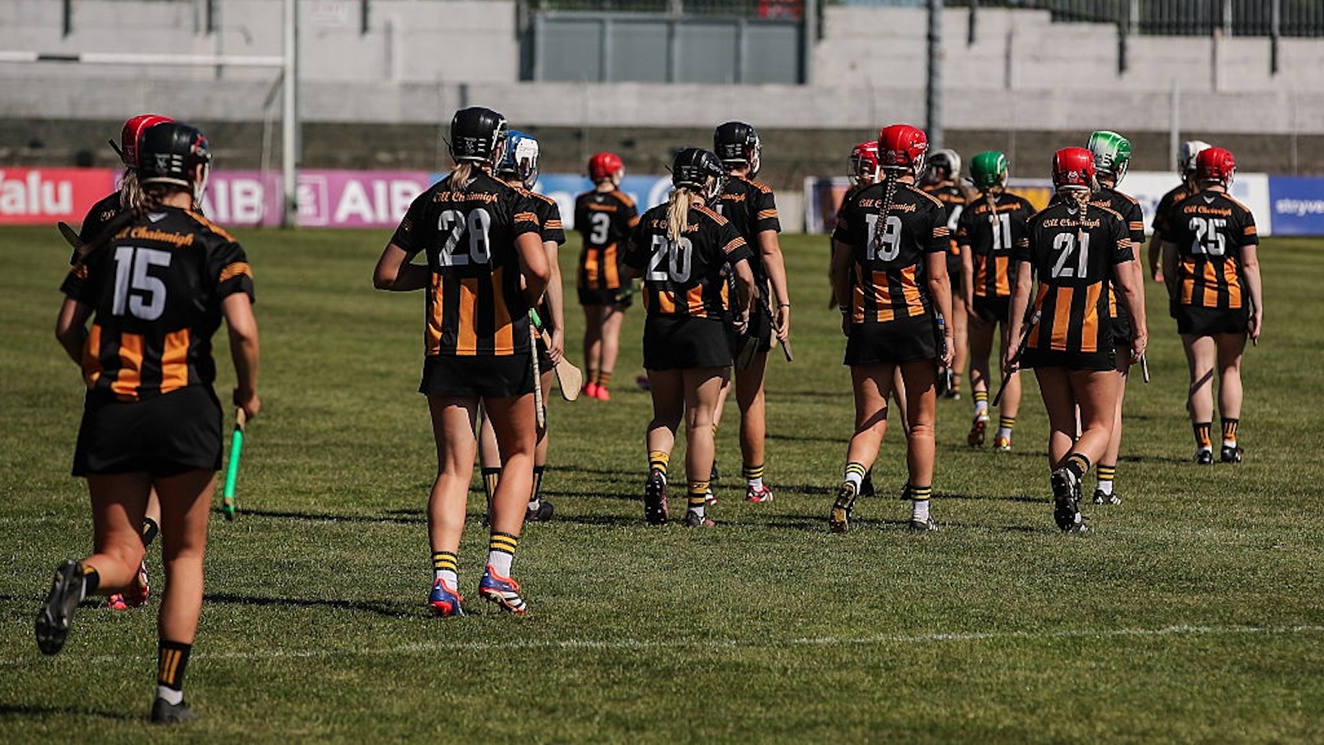 Kilkenny players return to the field before the Leinster Senior Camogie final match between Wexford and Kilkenny at Netwatch Cullen Park in Carlow.