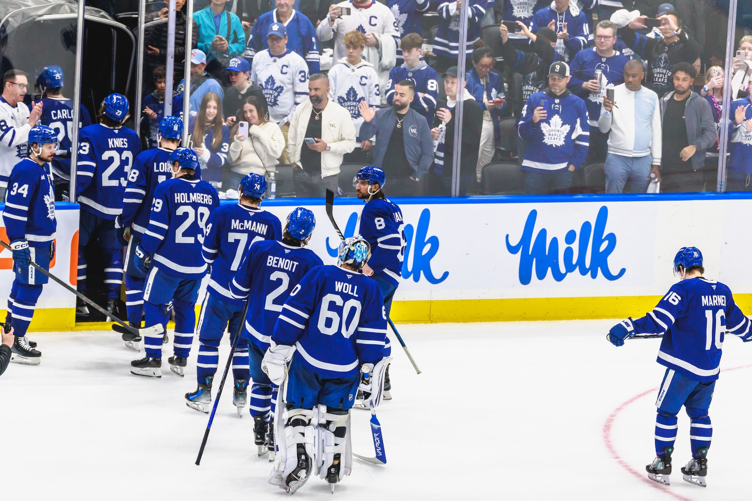 TORONTO, ON - May 18: The Toronto Maple Leafs skate off the ice after game 7 of the Eastern Conference Playoffs between the Florida Panthers and Toronto Maple Leafs on May 18, 2025, at Scotiabank Arena in Toronto, ON. (Photo by Mathew Tsang/Icon Sportswire via Getty Images)