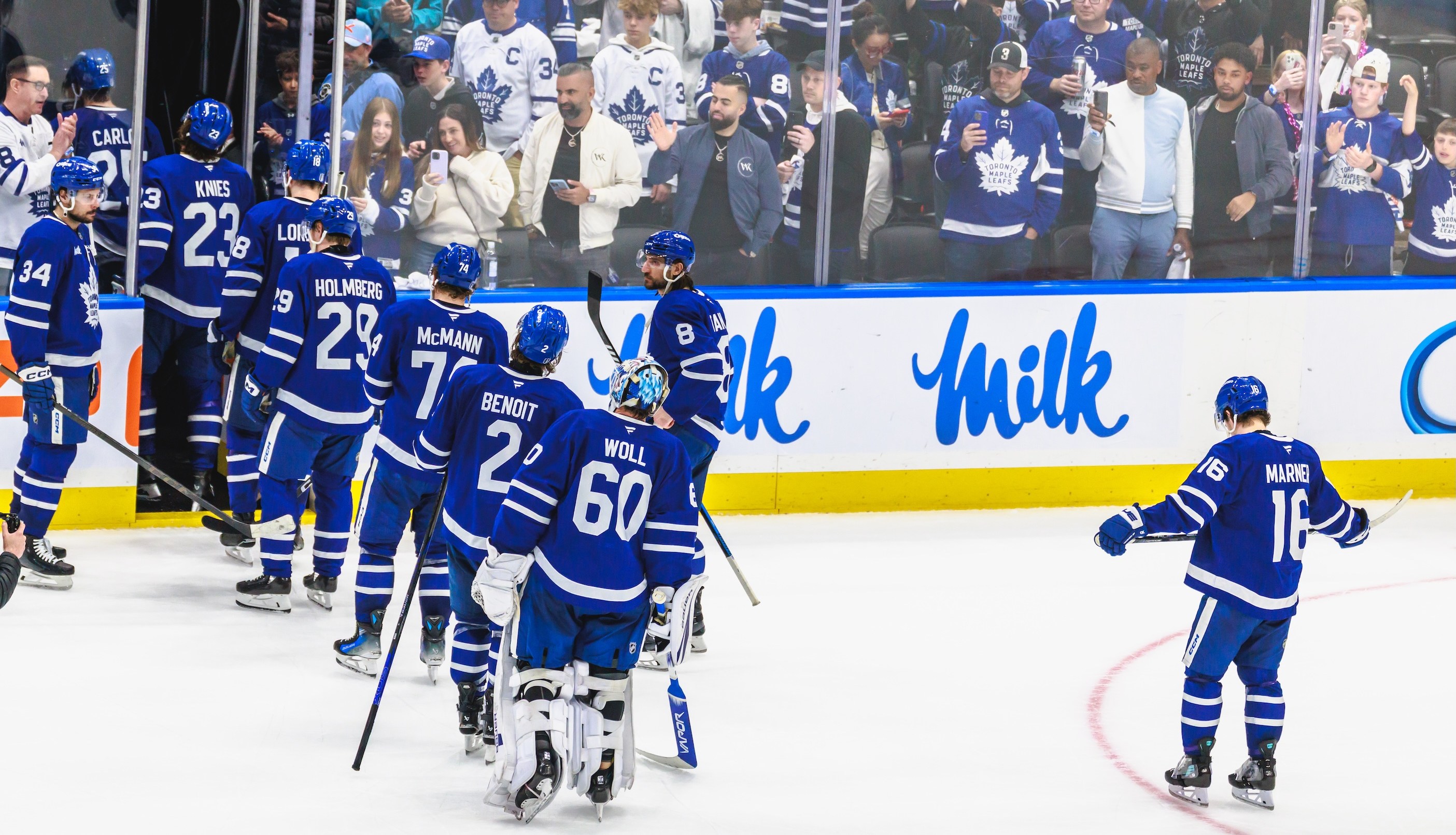 TORONTO, ON - May 18: The Toronto Maple Leafs skate off the ice after game 7 of the Eastern Conference Playoffs between the Florida Panthers and Toronto Maple Leafs on May 18, 2025, at Scotiabank Arena in Toronto, ON. (Photo by Mathew Tsang/Icon Sportswire via Getty Images)