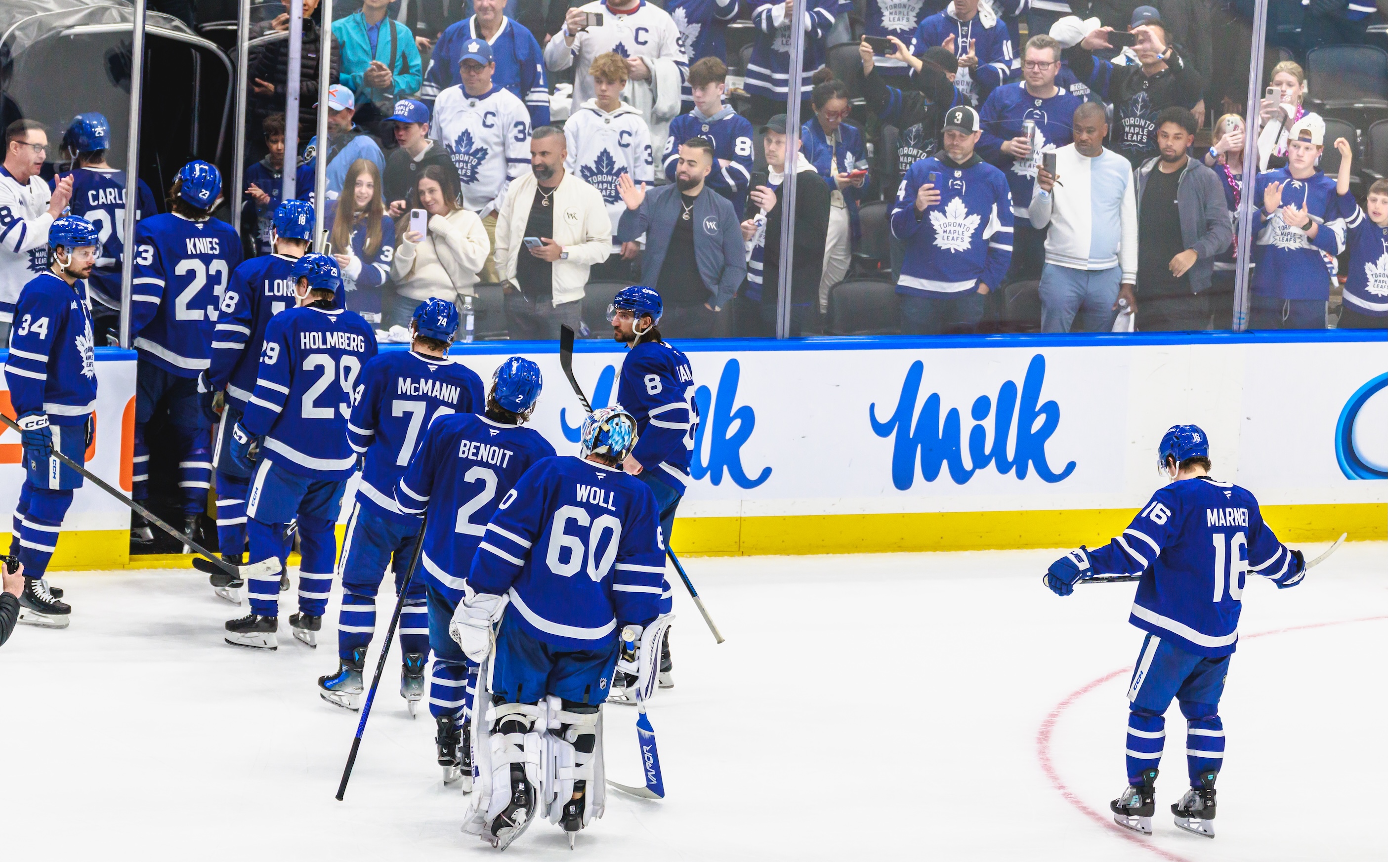 TORONTO, ON - May 18: The Toronto Maple Leafs skate off the ice after game 7 of the Eastern Conference Playoffs between the Florida Panthers and Toronto Maple Leafs on May 18, 2025, at Scotiabank Arena in Toronto, ON. (Photo by Mathew Tsang/Icon Sportswire via Getty Images)