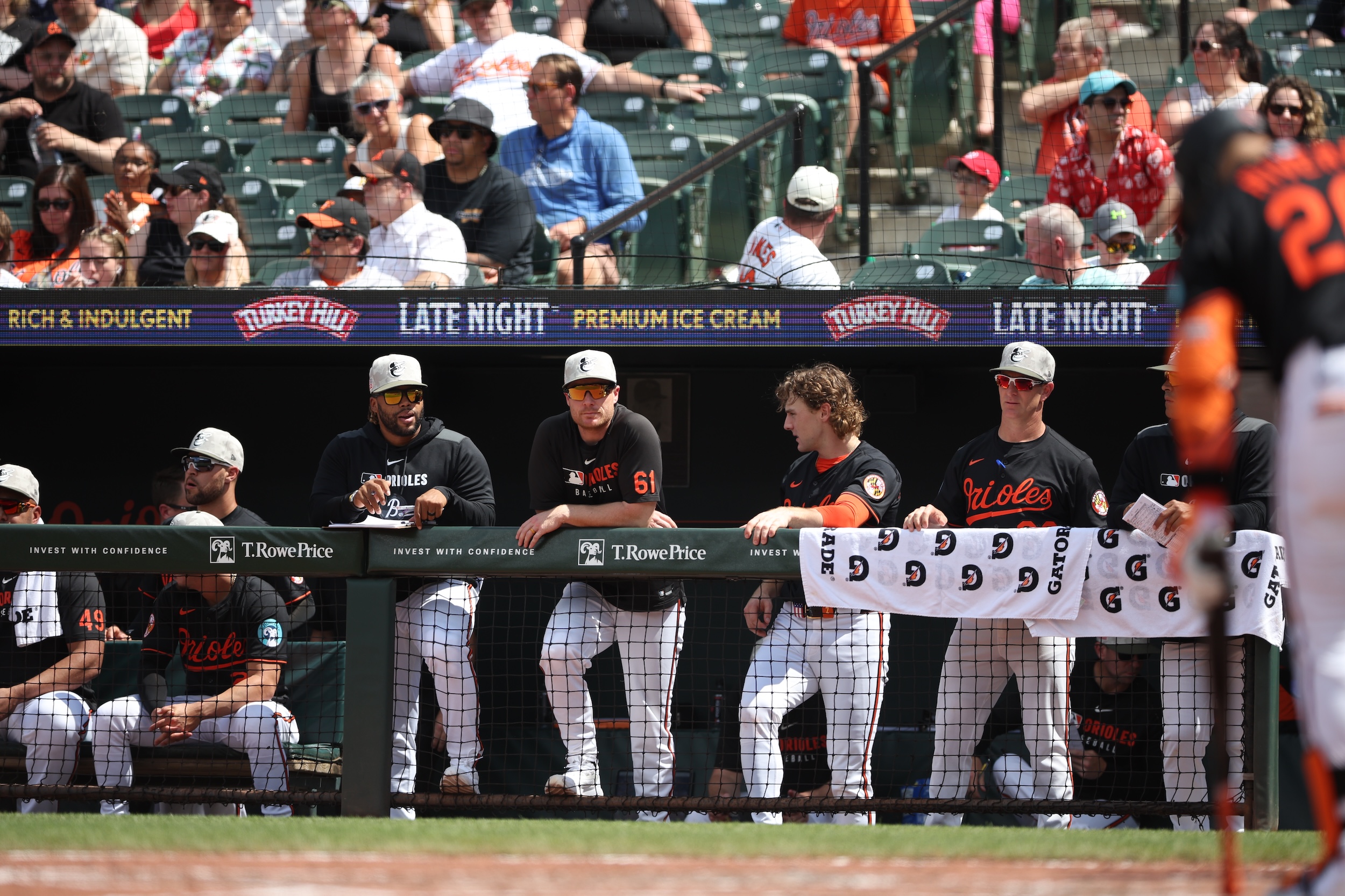 Baltimore Orioles bench watches play against the Washington Nationals