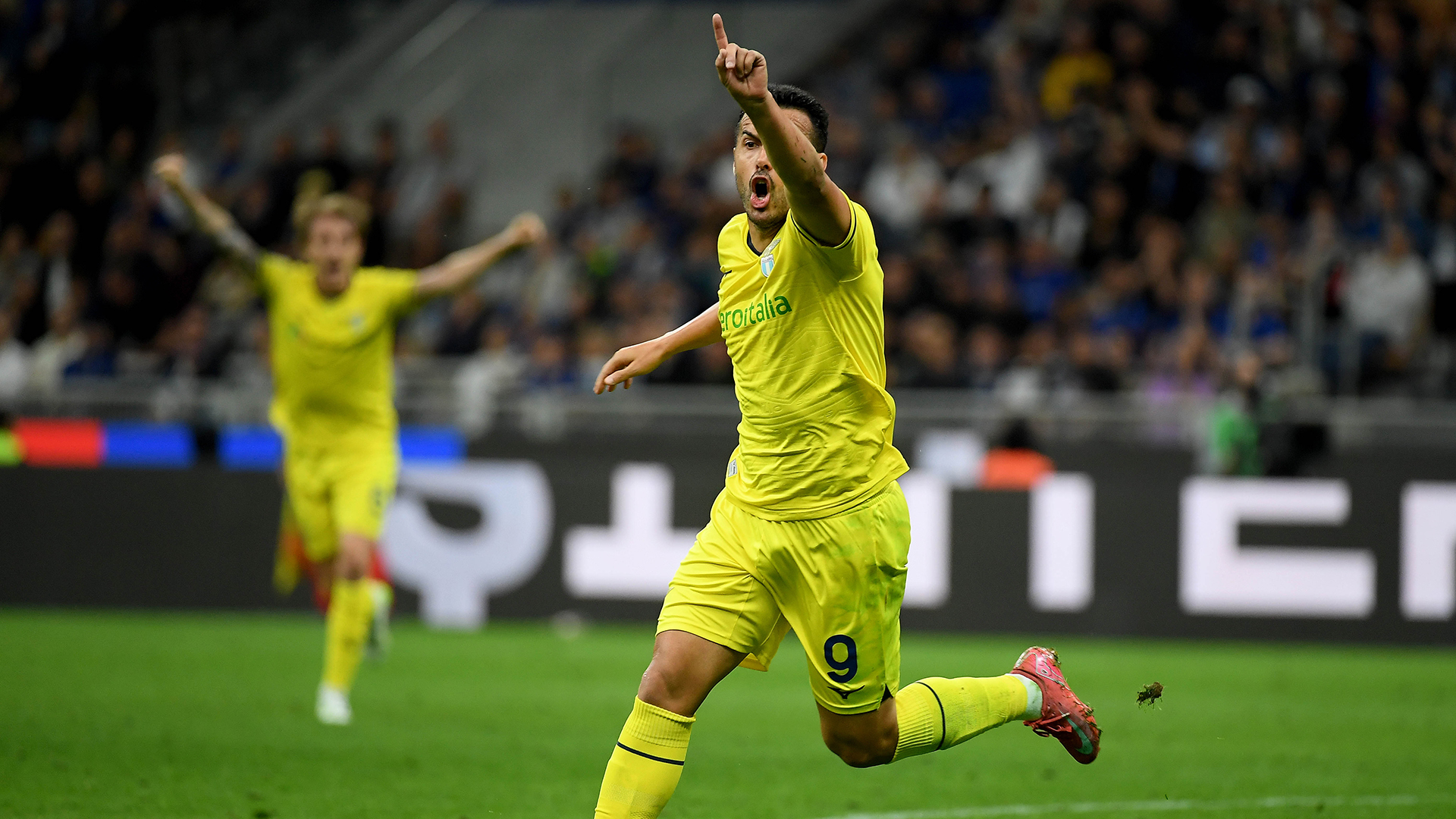 Pedro Rodriguez of SS Lazio celebrates a first goal during the Serie match between Inter and Lazio at Stadio Giuseppe Meazza on May 18, 2025 in Milan, Italy.