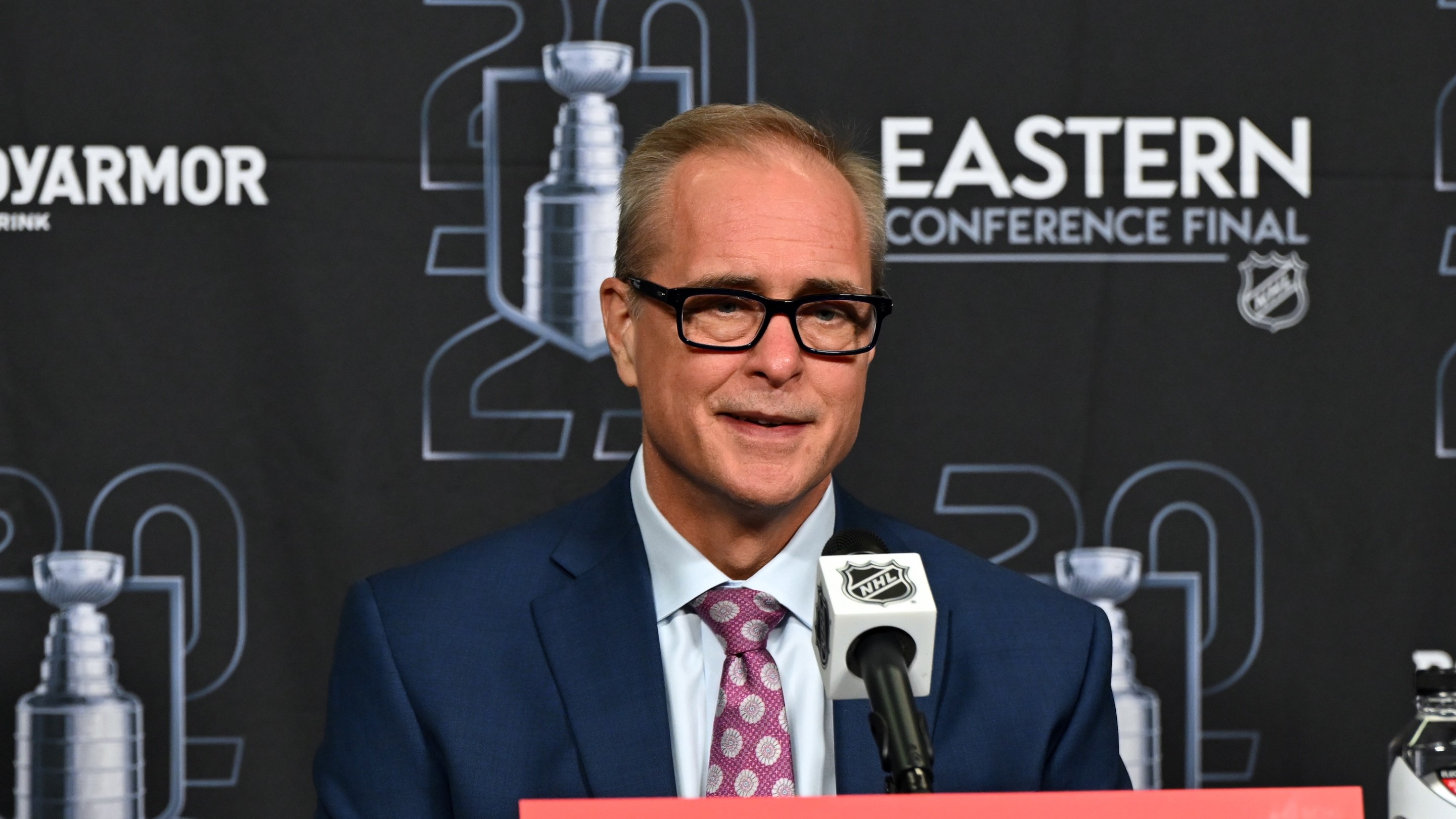 RALEIGH, NC - MAY 22: Florida Panthers head coach Paul Maurice participates in a press conference after game two of the Eastern Conference Final of the NHL Stanley Cup Playoffs between the Florida Panthers and the Carolina Hurricanes on May 22, 2025 at Lenovo Center in Raleigh, North Carolina. (Photo by Katherine Gawlik/Icon Sportswire via Getty Images)