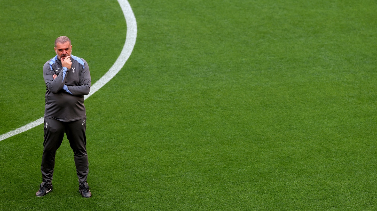 Ange Postecoglou, Manager of Tottenham Hotspur, looks on during a Tottenham Hotspur training session ahead of the UEFA Europa League Final 2025 between Tottenham Hotspur and Manchester United at Estadio de San Mames on May 20, 2025 in Bilbao, Spain.