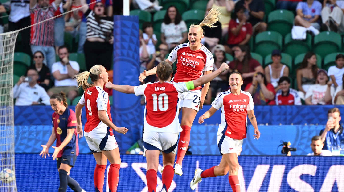 Arsenal's Stina Blackstenius (second right) celebrates scoring their side's first goal of the game with team-mates during the UEFA Women's Champions League final at Estadio Jose Alvalade, in Lisbon, Portugal.