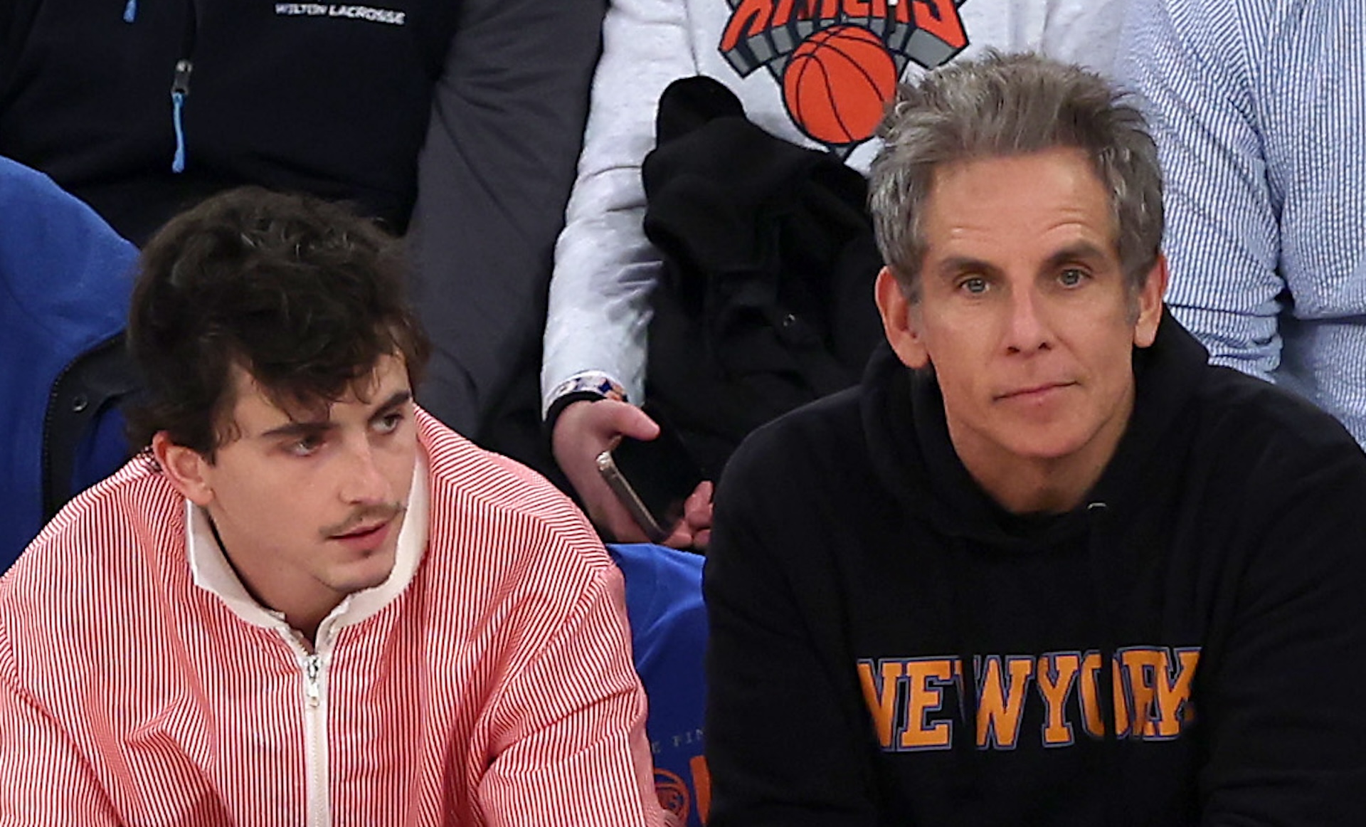 Tracy Morgan, Timothee Chalamet and Ben Stiller attend Game One of the Eastern Conference Finals of the 2025 NBA Playoffs between the New York Knicks and the Indiana Pacers at Madison Square Garden on May 21, 2025 in New York City. NOTE TO USER: User expressly acknowledges and agrees that, by downloading and or using this photograph, User is consenting to the terms and conditions of the Getty Images License Agreement.