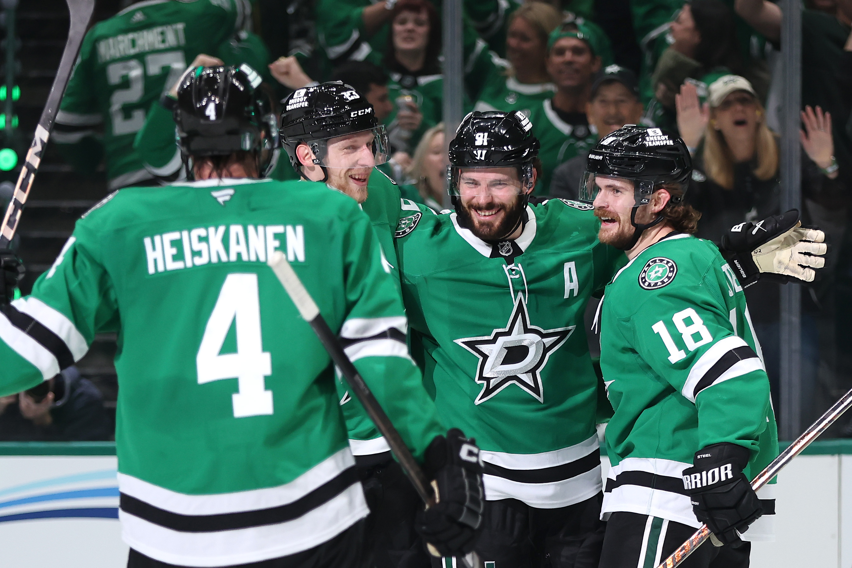 Tyler Seguin #91 of the Dallas Stars is congratulated by his teammates after scoring a goal against the Edmonton Oilers during the third period in Game One of the Western Conference Final of the 2025 Stanley Cup Playoffs on May 21, 2025.