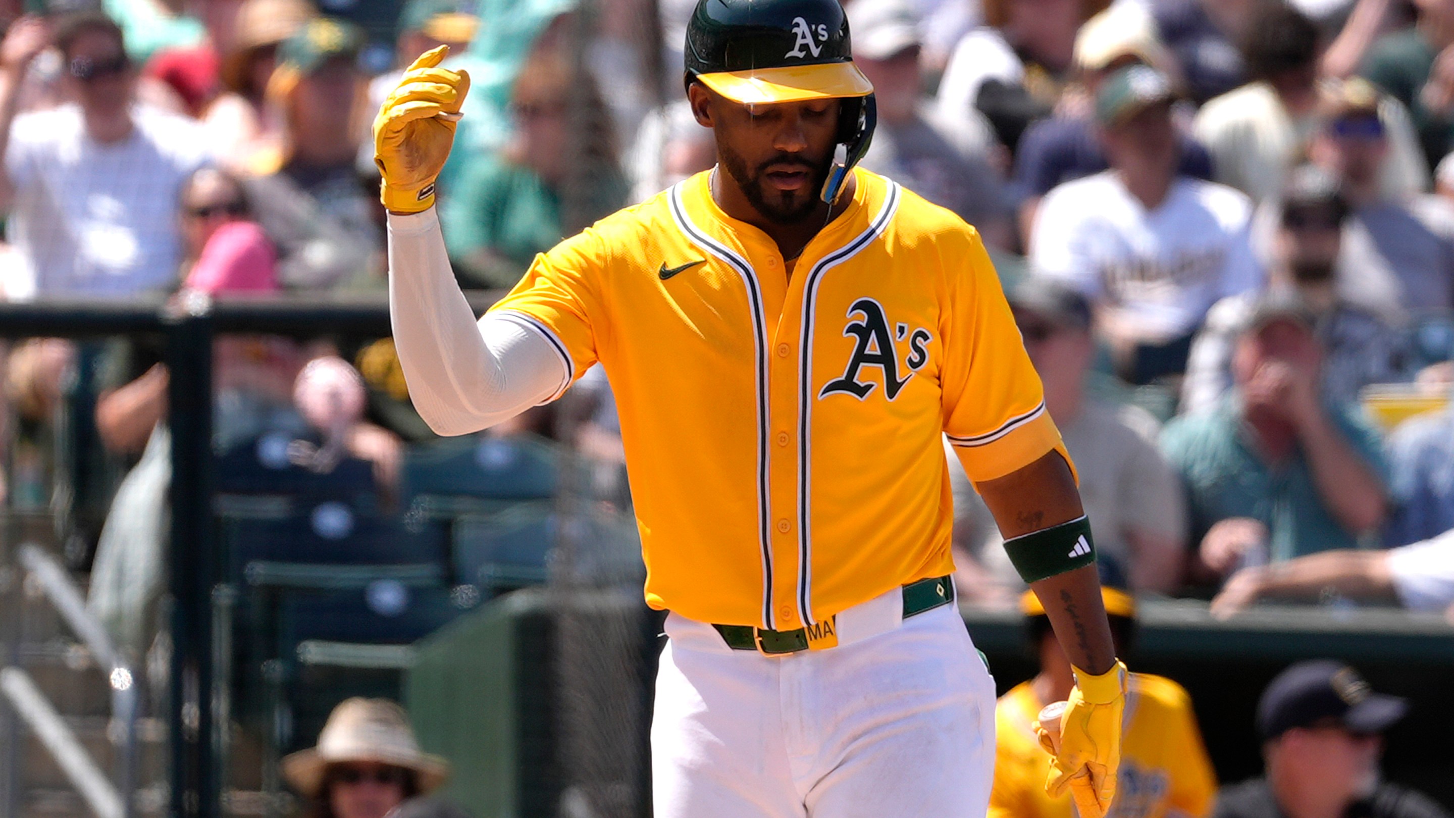 Miguel Andujar of the Athletics reacts at a called strike against the Philadelphia Phillies in the bottom of the seventh inning of a major league baseball game at Sutter Health Park on May 25, 2025 in Sacramento, California.