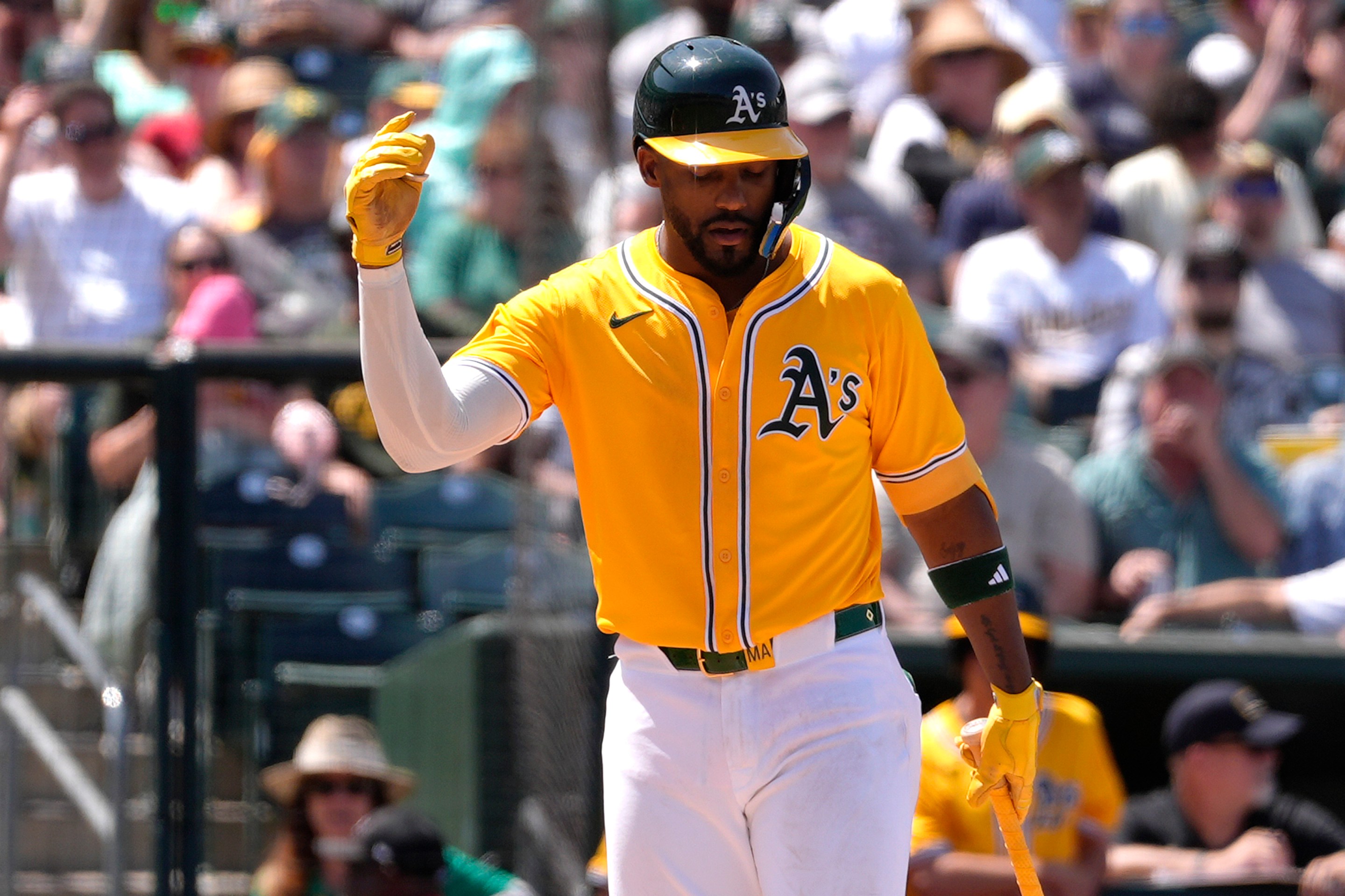 Miguel Andujar of the Athletics reacts at a called strike against the Philadelphia Phillies in the bottom of the seventh inning of a major league baseball game at Sutter Health Park on May 25, 2025 in Sacramento, California.