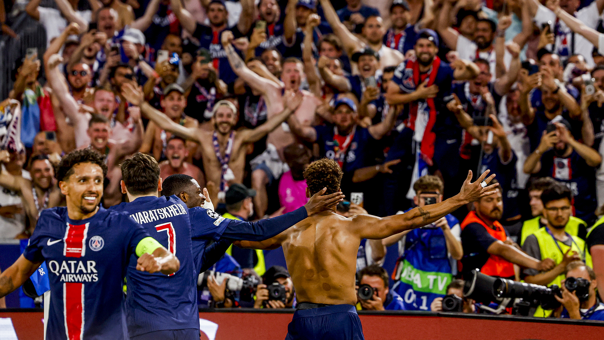 Désiré Doué of Paris Saint-Germain celebrates after scoring his teams third goal during the UEFA Champions League Final 2025 between Paris Saint-Germain and FC Internazionale Milano at Munich Football Arena on May 31, 2025 in Munich, Germany.