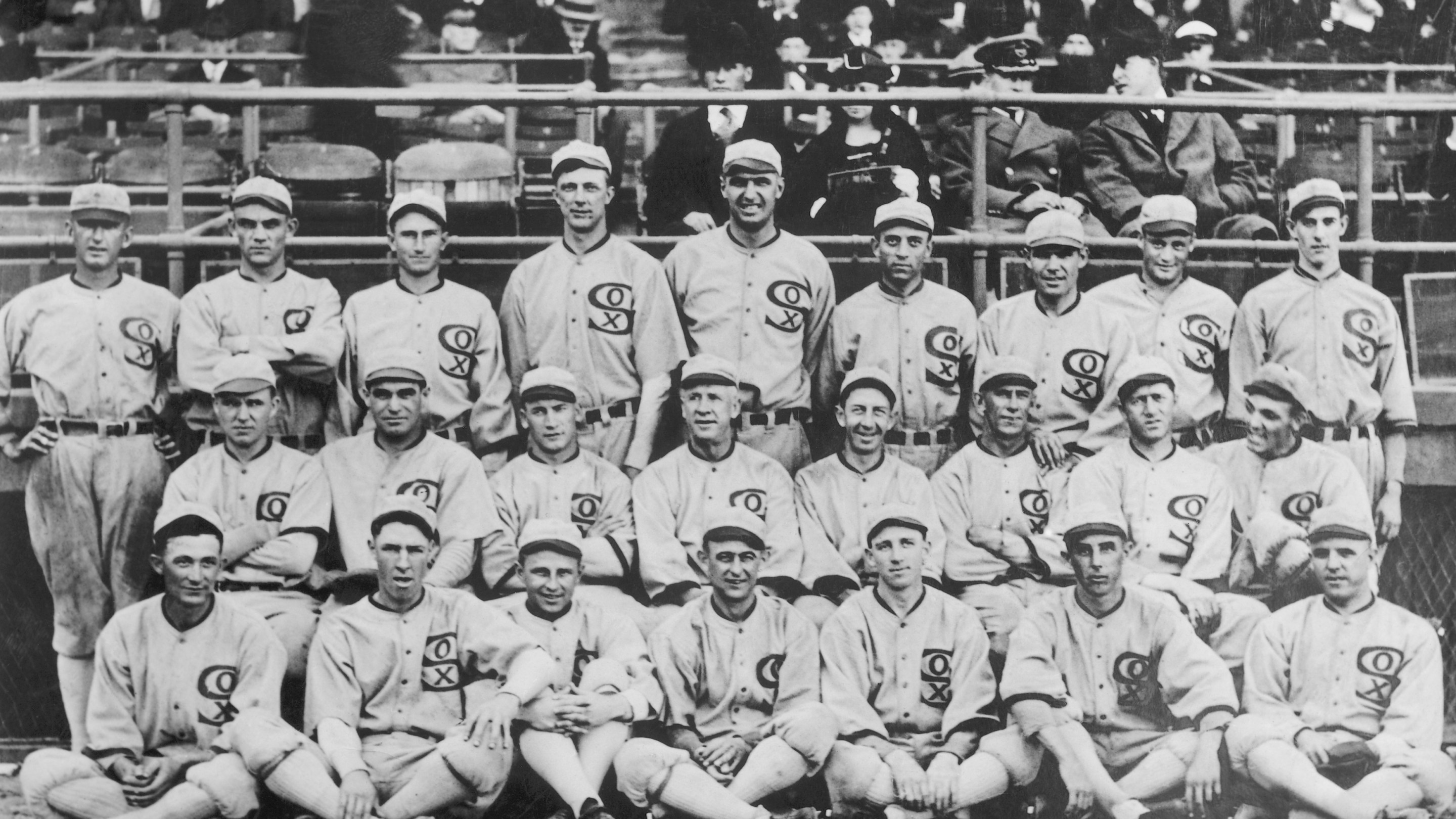 Group shot of the 1919 White Sox. They would after this year be known as the "Black Sox Scandal" team, due to the allegation that eight members of the team accepted bribes to lose the 1919 World Series to the Cincinnati Reds.