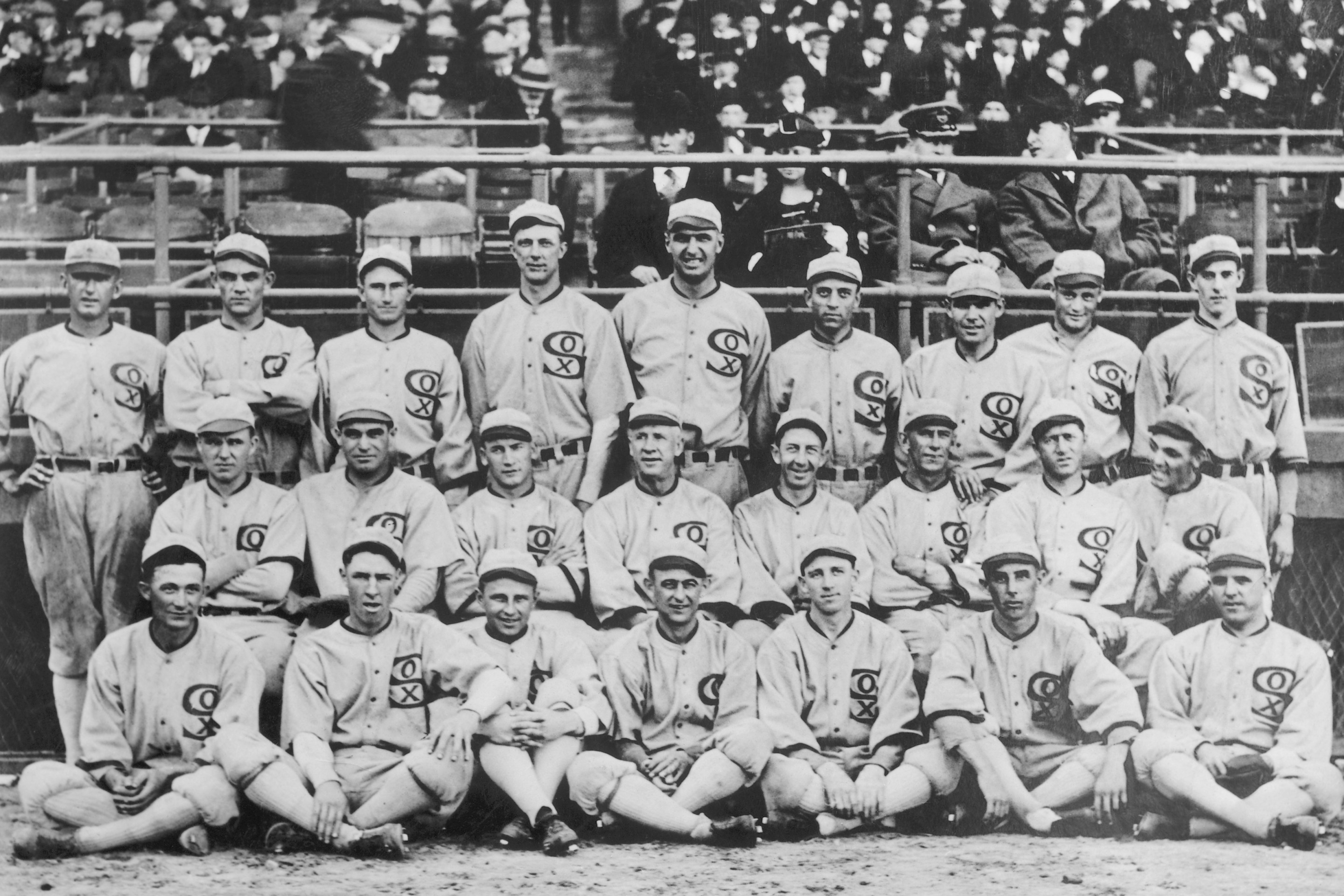 Group shot of the 1919 White Sox. They would after this year be known as the "Black Sox Scandal" team, due to the allegation that eight members of the team accepted bribes to lose the 1919 World Series to the Cincinnati Reds.