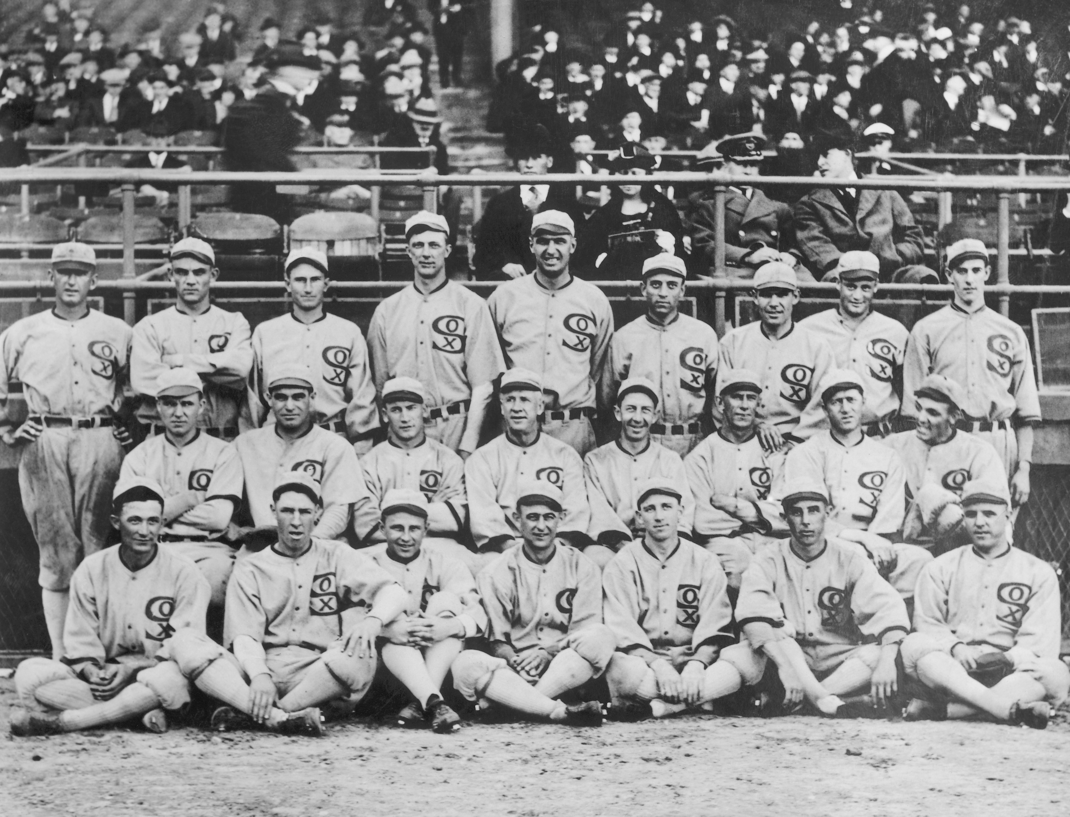Group shot of the 1919 White Sox. They would after this year be known as the "Black Sox Scandal" team, due to the allegation that eight members of the team accepted bribes to lose the 1919 World Series to the Cincinnati Reds.