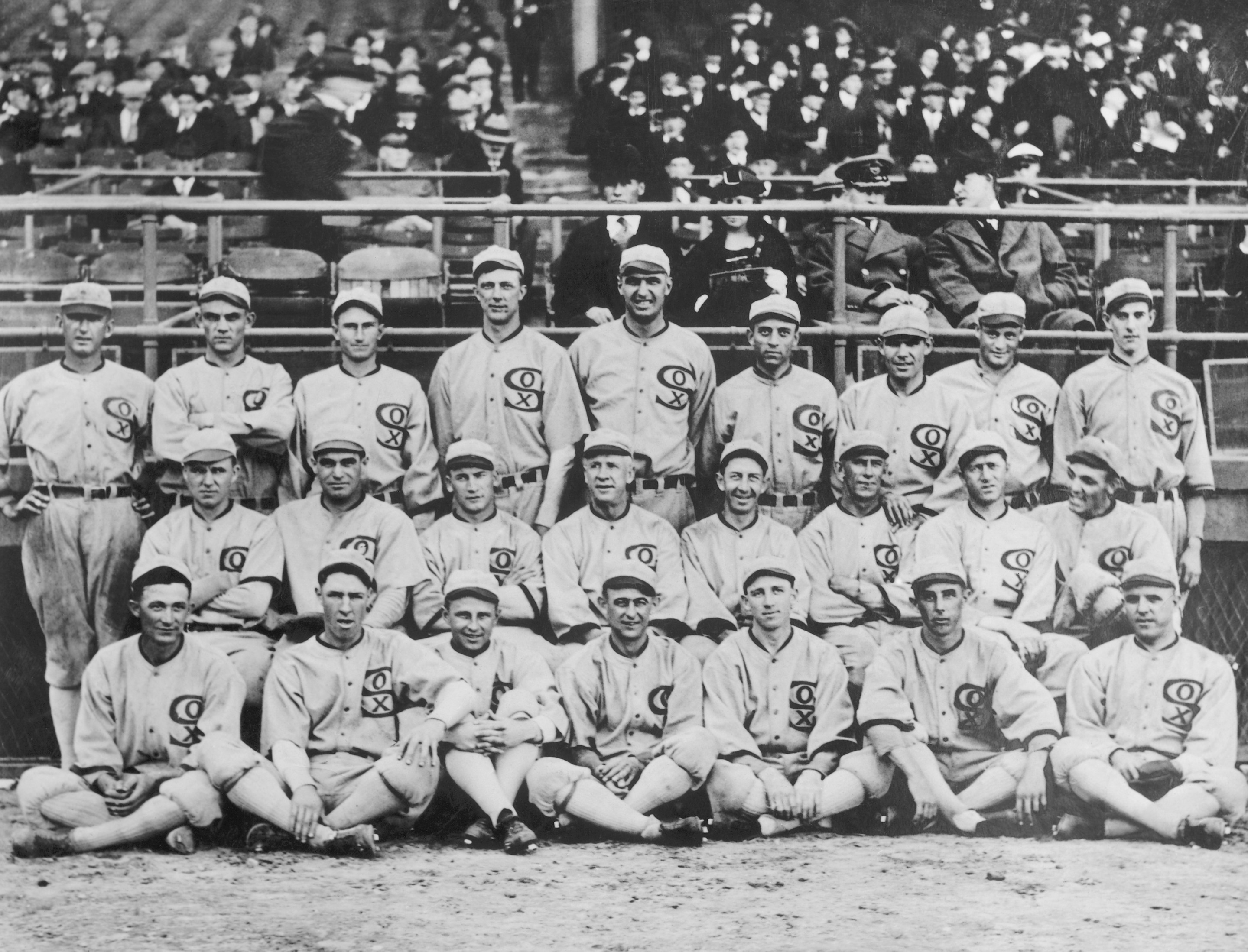 Group shot of the 1919 White Sox. They would after this year be known as the "Black Sox Scandal" team, due to the allegation that eight members of the team accepted bribes to lose the 1919 World Series to the Cincinnati Reds.