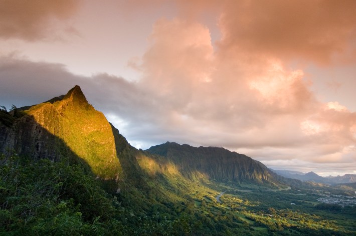 Nu'uanu Pali at sunrise, Oahu, Hawaii, United States of America, North America - stock photo