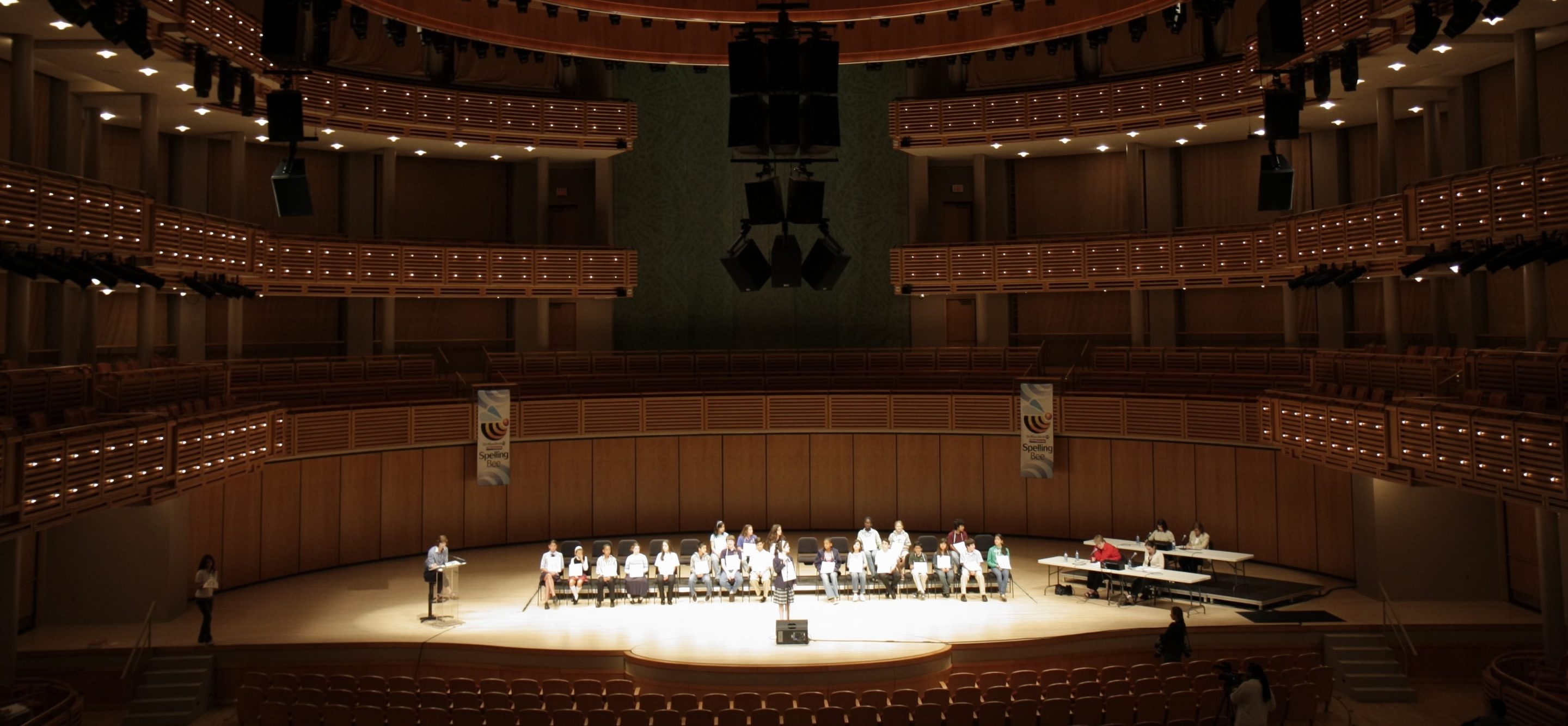 Florida, Miami, Arscht Performing Arts Center, The Miami Herald Spelling Bee, test, competition, stage, overview, contestants, judges, moderator, sit, chair, elimination, opera house,
