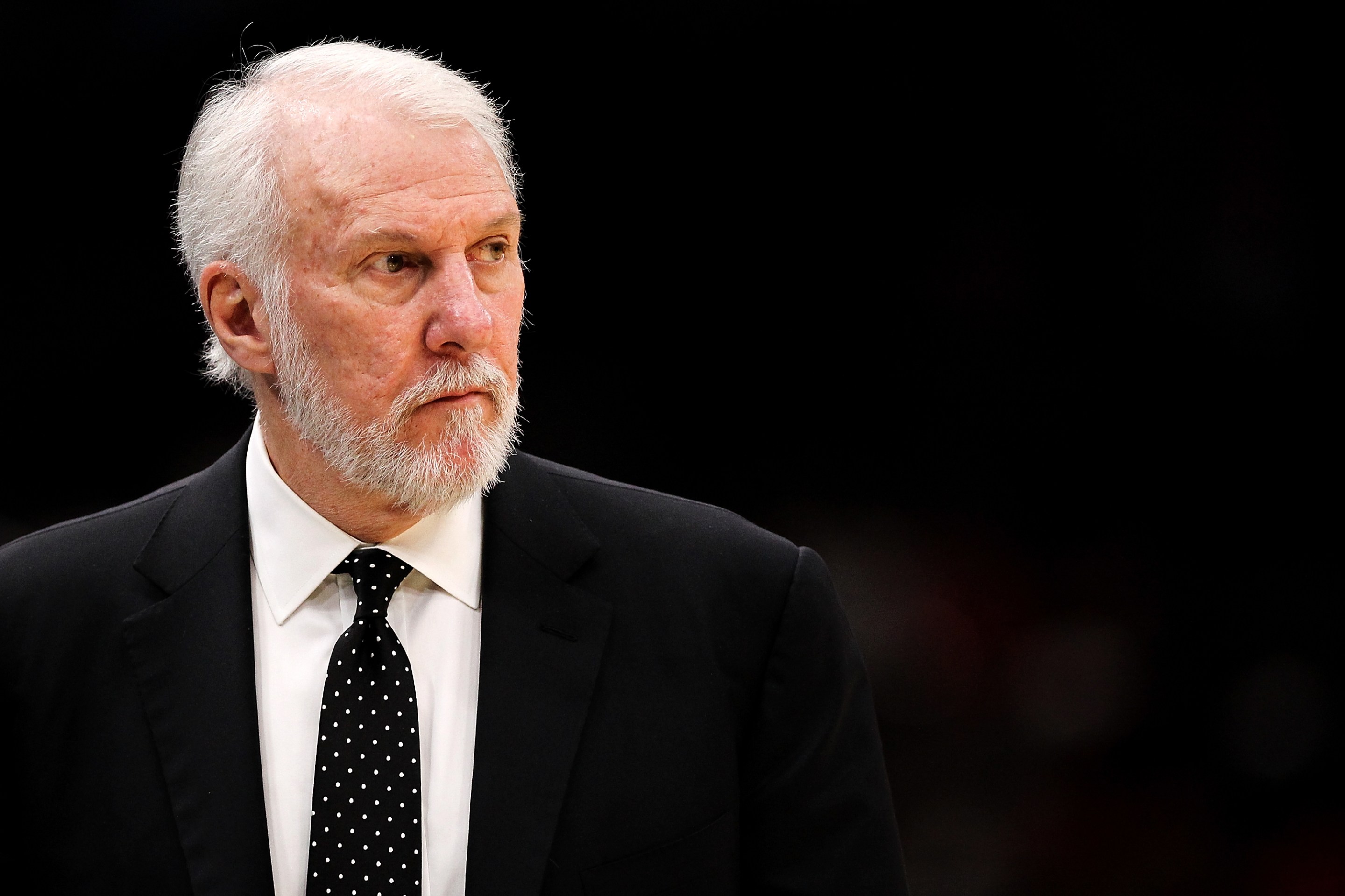 Head coach Gregg Popovich of the San Antonio Spurs looks on in the third quarter against the Chicago Bulls at the United Center on October 21, 2017.
