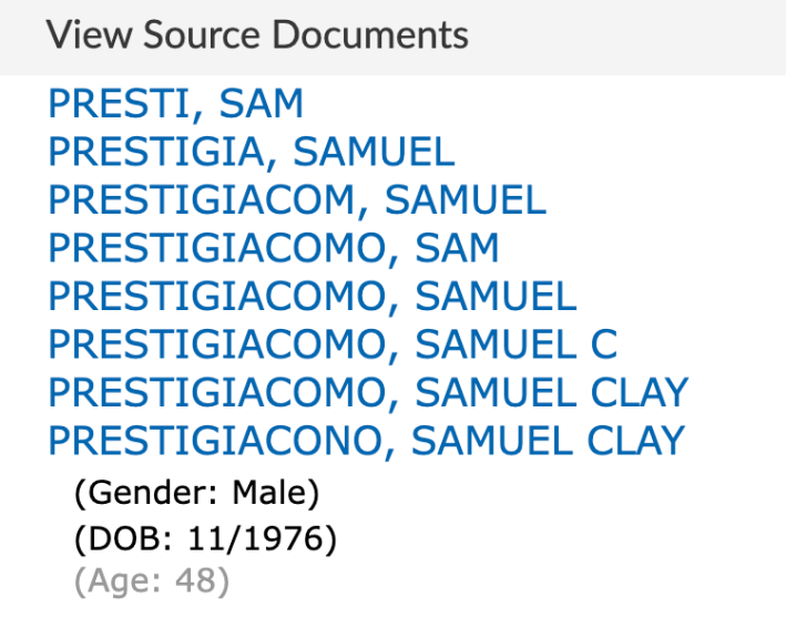 Screenshot of a Nexis search result turning up Sam Presti's many aliases, which include Sam Prestigiacomo, and also his middle name "Clay," and also his birthday in 1976.