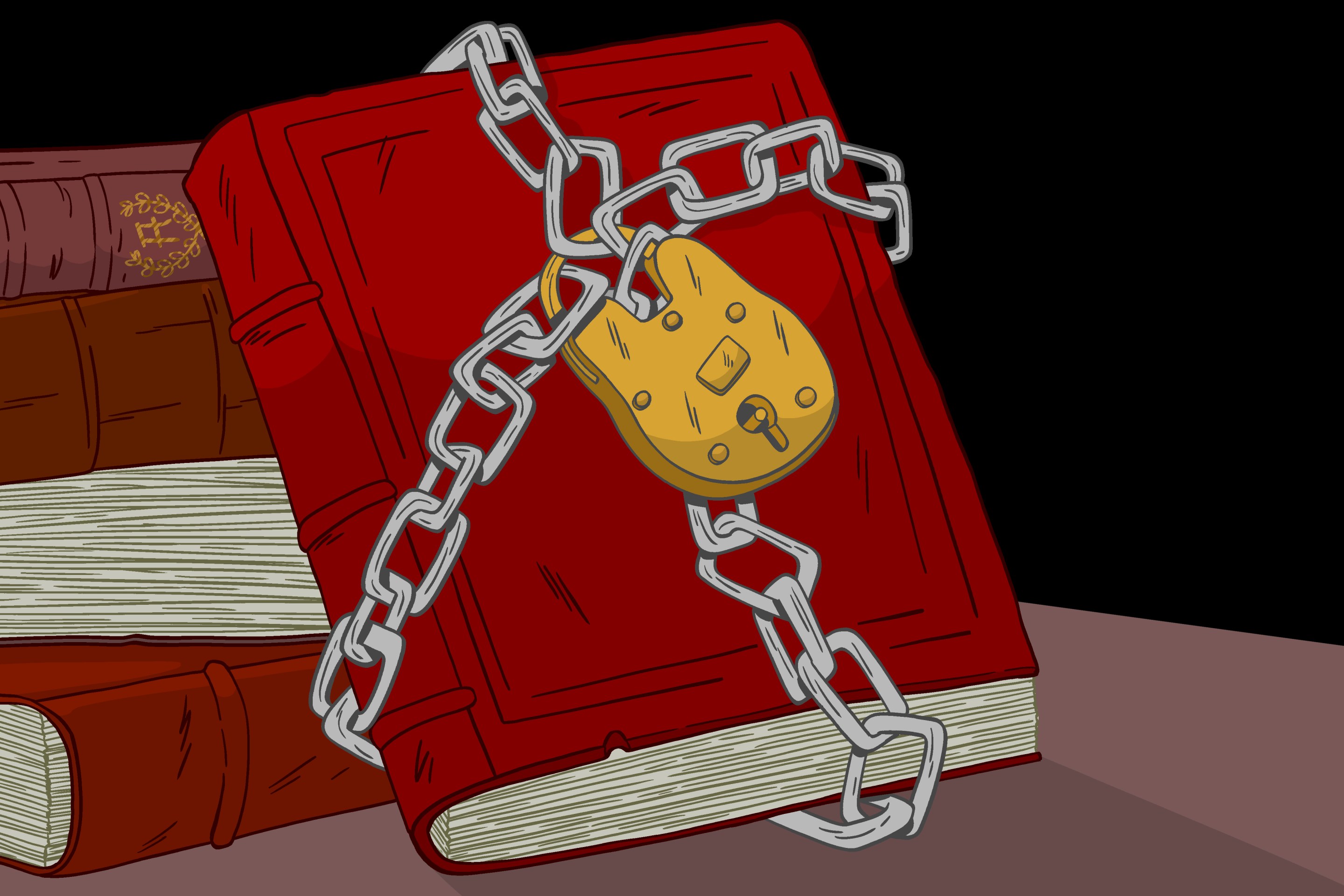 A drawing a book chained and padlocked.