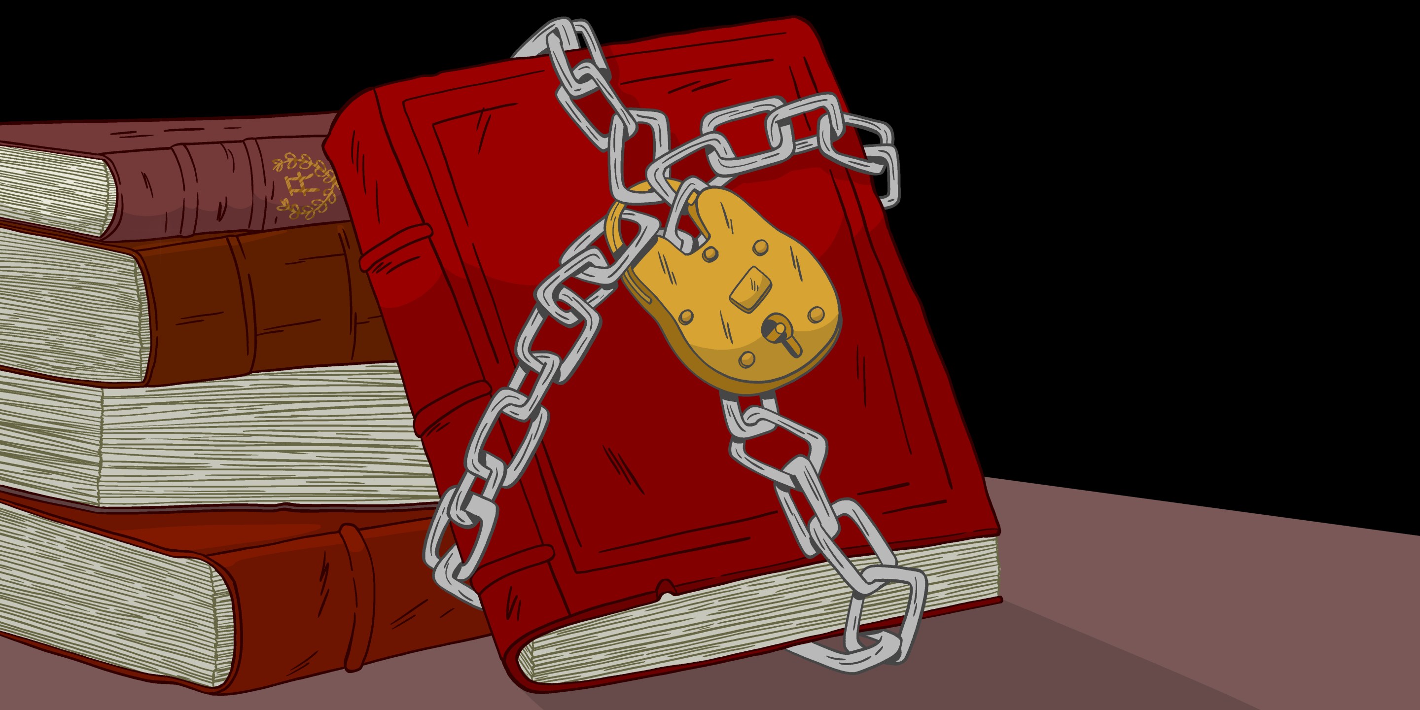 A drawing a book chained and padlocked.