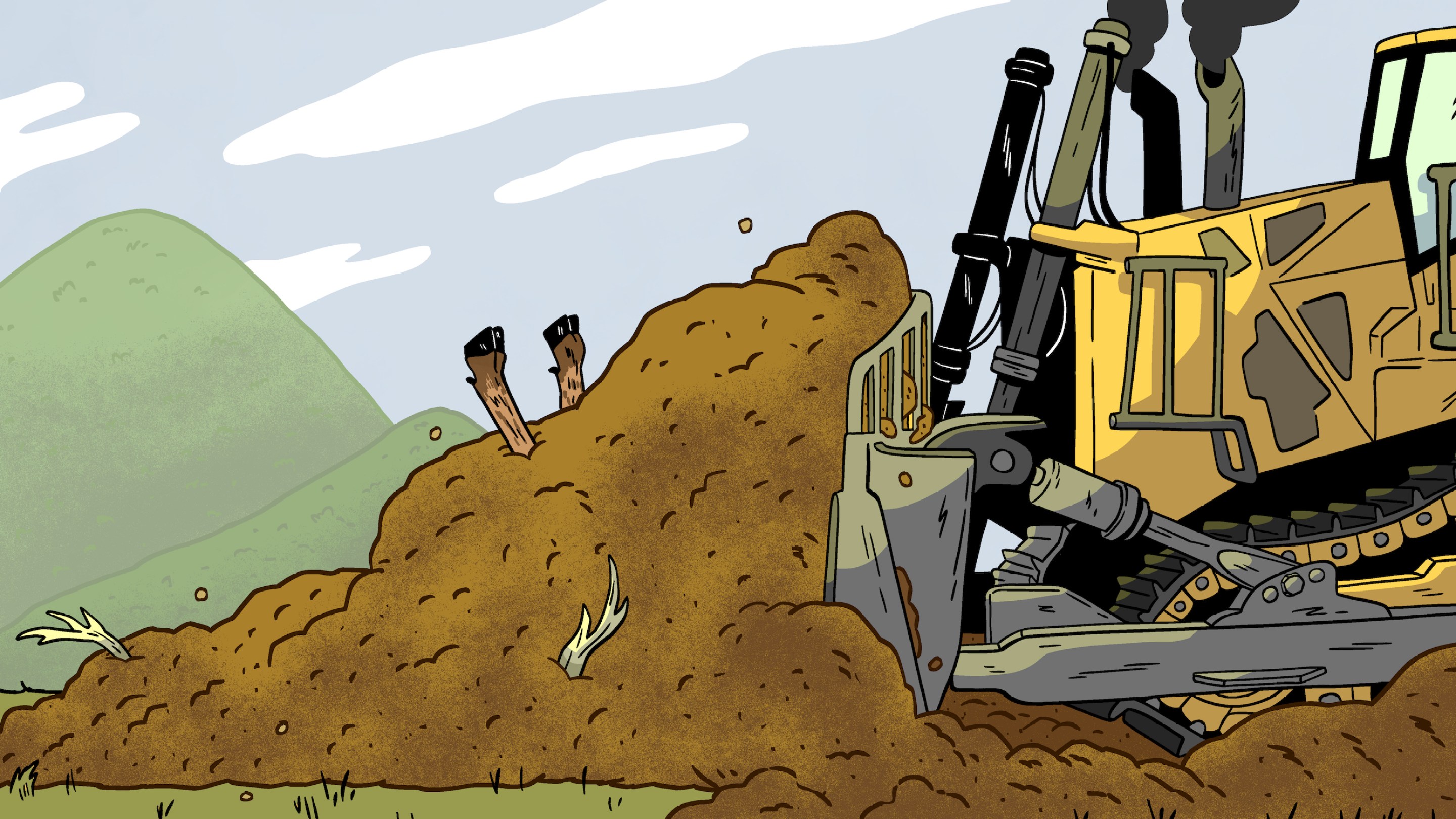 A bulldozer moves a pile of dirt, which features two hoofs sticking out of the top