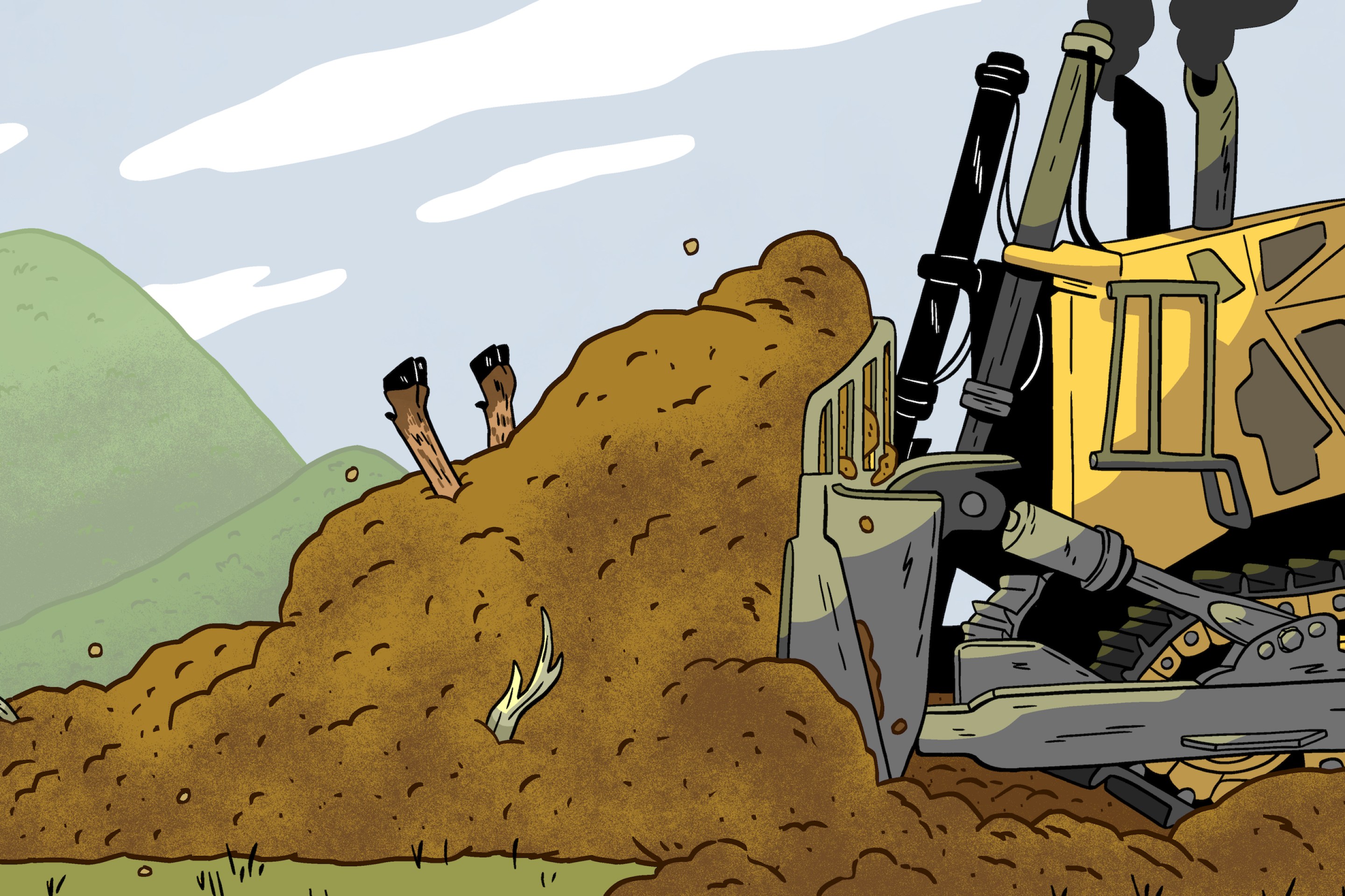 A bulldozer moves a pile of dirt, which features two hoofs sticking out of the top
