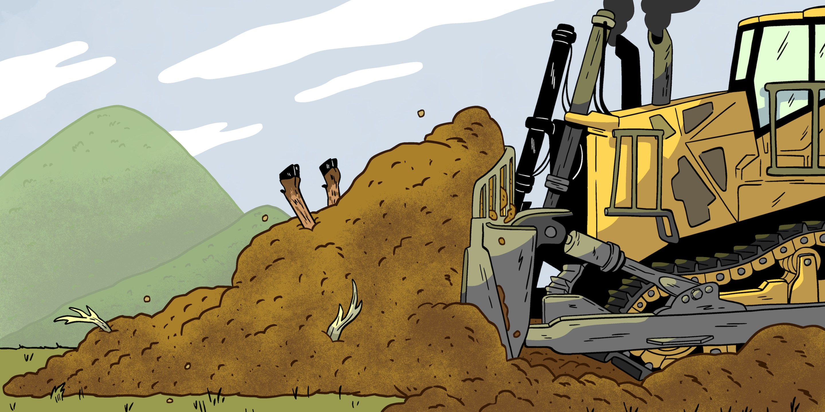 A bulldozer moves a pile of dirt, which features two hoofs sticking out of the top
