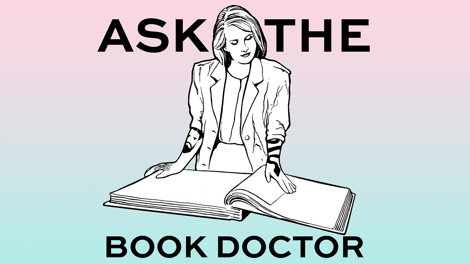 A logo for Ask the Book Doctor, with a woman with arm tattoos and a nose ring looking at a giant art book and flipping pages. It's a very 1980s clip art look