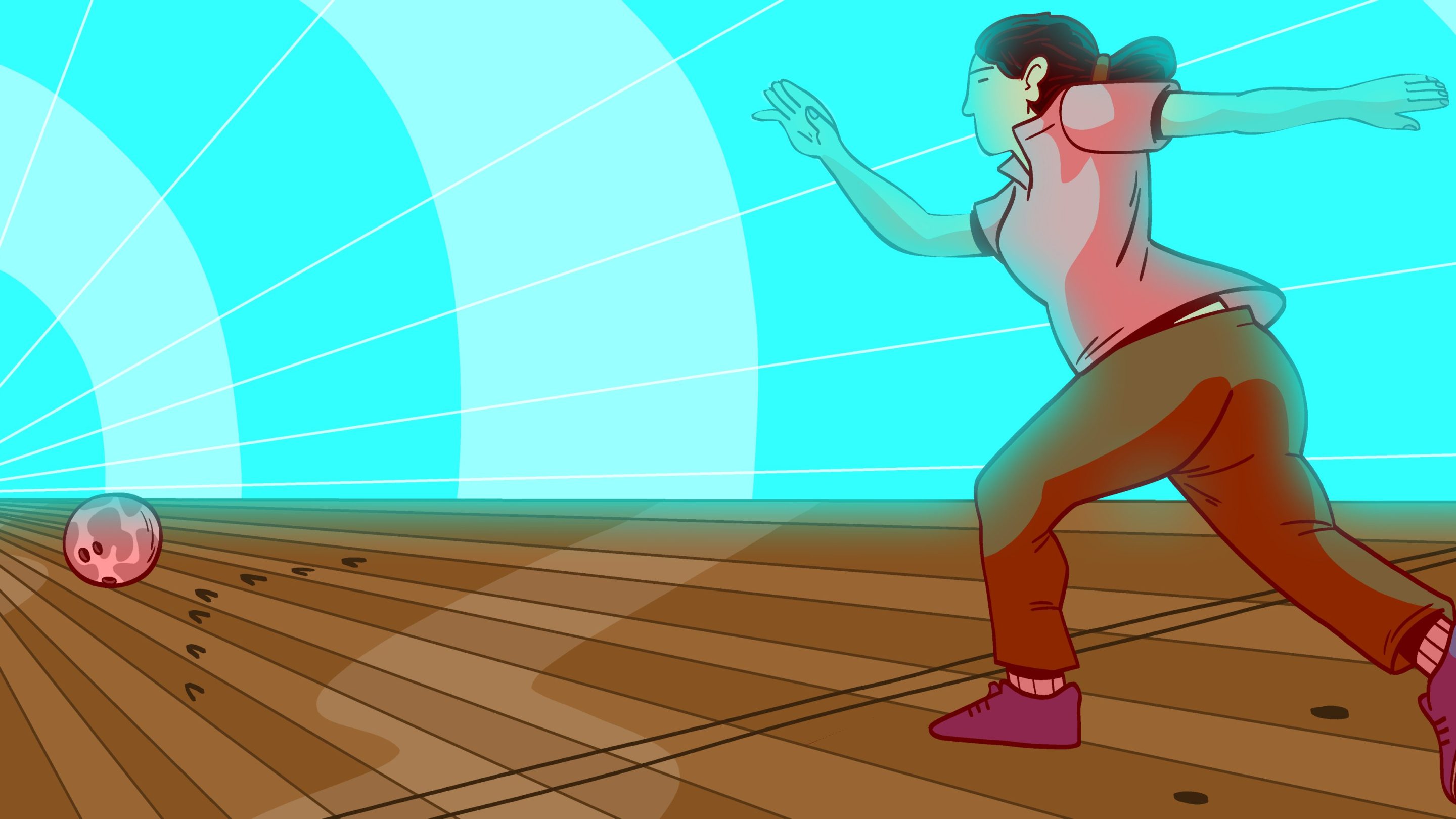 a woman bowls into a time travel-like vortex