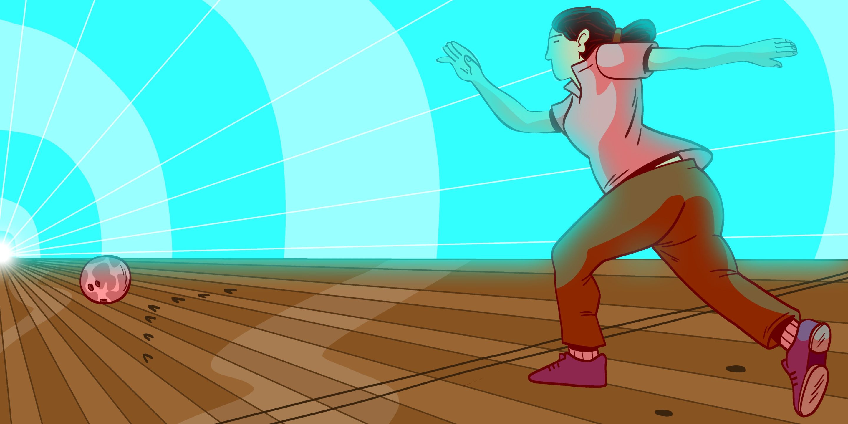a woman bowls into a time travel-like vortex
