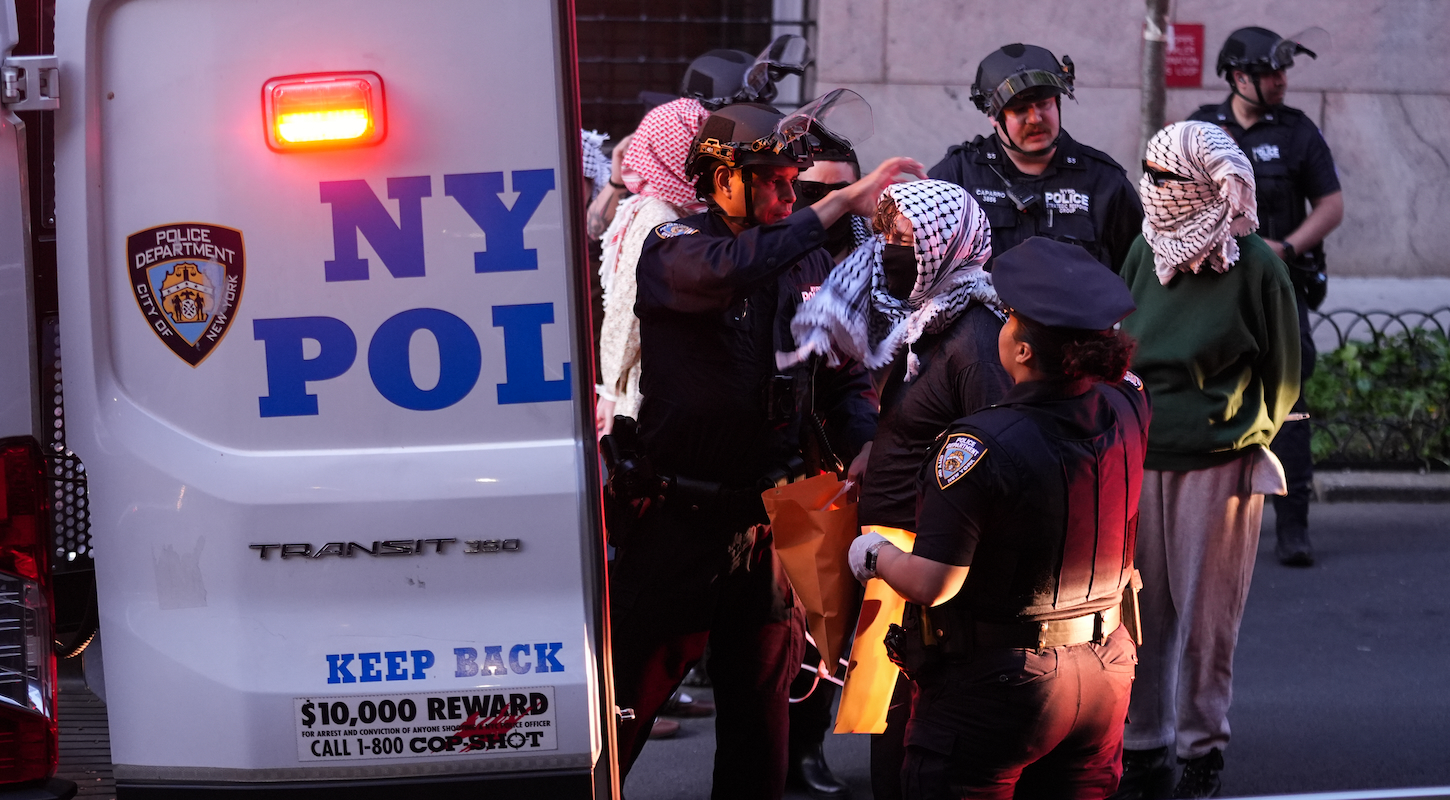 New York City police arrested dozens of Pro-Palestinian protesters on Columbia University on Wednesday evening after they took over part of a central library in New York, USA on May 7, 2025.