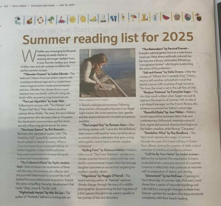 A "summer reading list" in the print edition of the May 18, 2025 Chicago Sun-Times, listing and summarizing nonexistent books by real authors including Isabel Allende, Andy Weir, Rumaan Alam, and others.