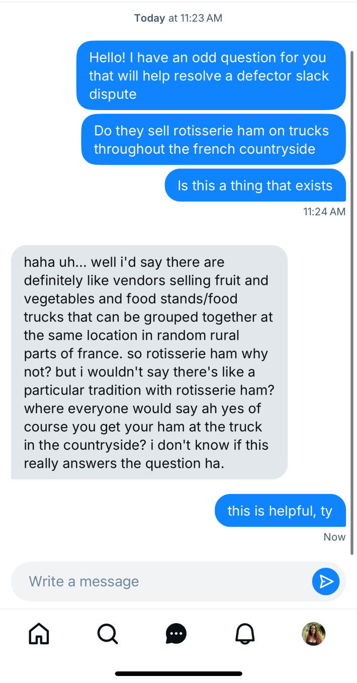 Phone screenshot. Brandy asks her friend if "they sell rotisserie ham on trucks throughout the french countryside" and her friend answers: "haha uh... well i'd say there are definitely like vendors selling fruit and vegetables and food stands/food trucks that can be grouped together at the same location in random rural parts of france. so rotisserie ham why not? but i wouldn't say there's like a particular tradition with rotisserie ham? where everyone would say ah yes ofcourse you get your ham at the truck in the countryside? i don't know if this really answers the question ha." (Brandy replies: "this is helpful, ty"