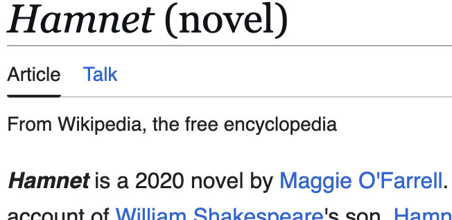 Screenshot from the Wikipedia page for the novel Hamnet by Maggie O'Farrell.