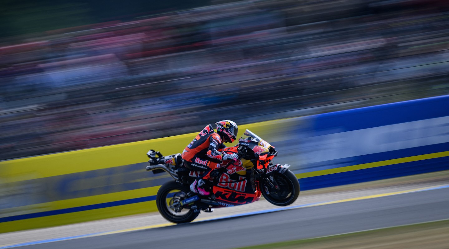Red Bull KTM Tech3 team's Italian MotoGP rider Enea Bastianini rides during a free practice session for the France Moto GP Grand Prix, at the Le Mans Circuit, on May 9, 2025.