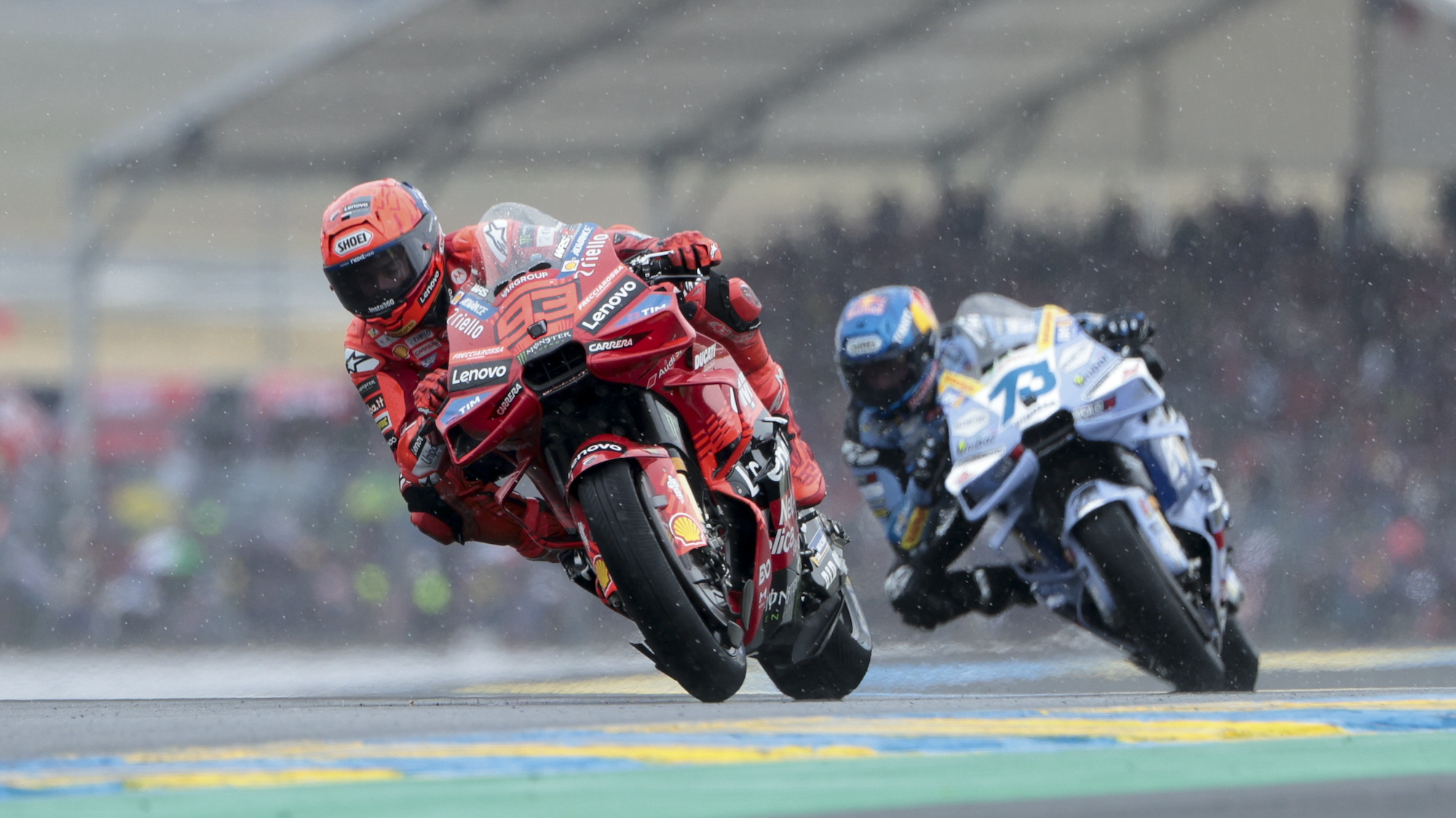 Marc Marquez of Spain and Ducati Lenovo Team, Alex Marquez of Spain and BK8 Gresini Racing MotoGP during the 2025 MotoGP Michelin Grand Prix of France at Circuit Bugatti on May 11, 2025 in Le Mans, France.