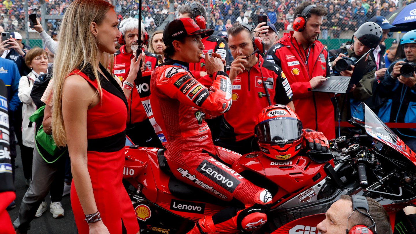 Marc Marquez of Spain and Ducati Lenovo Team and his engineer Marco Rigamonti during the 2025 MotoGP Michelin Grand Prix of France at Circuit Bugatti on May 11, 2025 in Le Mans, France.