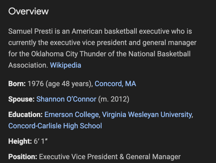 Screenshot of a second Google overview on Sam Presti, this one asserting that he was born in 1976 and not 1977.