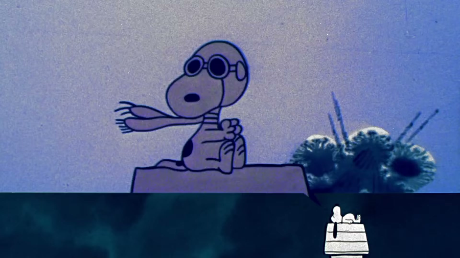 In a still from A Boy Named Charlie Brown, Snoopy dreams he is a World War I-era fighter pilot fighting against the Red Baron