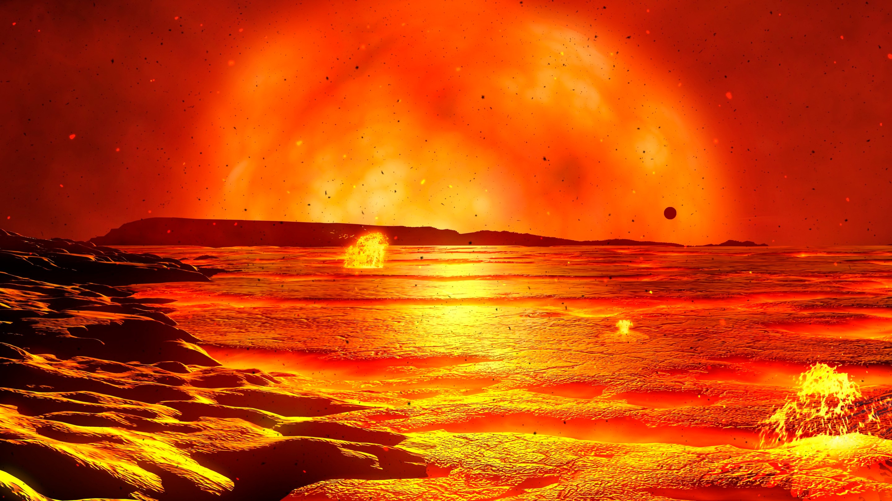 Sun over dying Earth. Illustration of the Sun, around 5 billion years in the future, heating a dying Earth. The oceans have evaporated, leaving salt-encrusted rocks. The Moon is seen passing in front of the massively swollen Sun. This stage of the Sun's life, known as its red giant stage, will begin when the Sun exhausts the hydrogen fuel in its core. It will then begin burning hydrogen in a shell surrounding the core, causing the Sun to expand. The expanding Sun will engulf the inner planets, and possibly the Earth. If the Earth survives this stage of the death of the Sun, it will freeze as the Sun collapses into a white dwarf star.