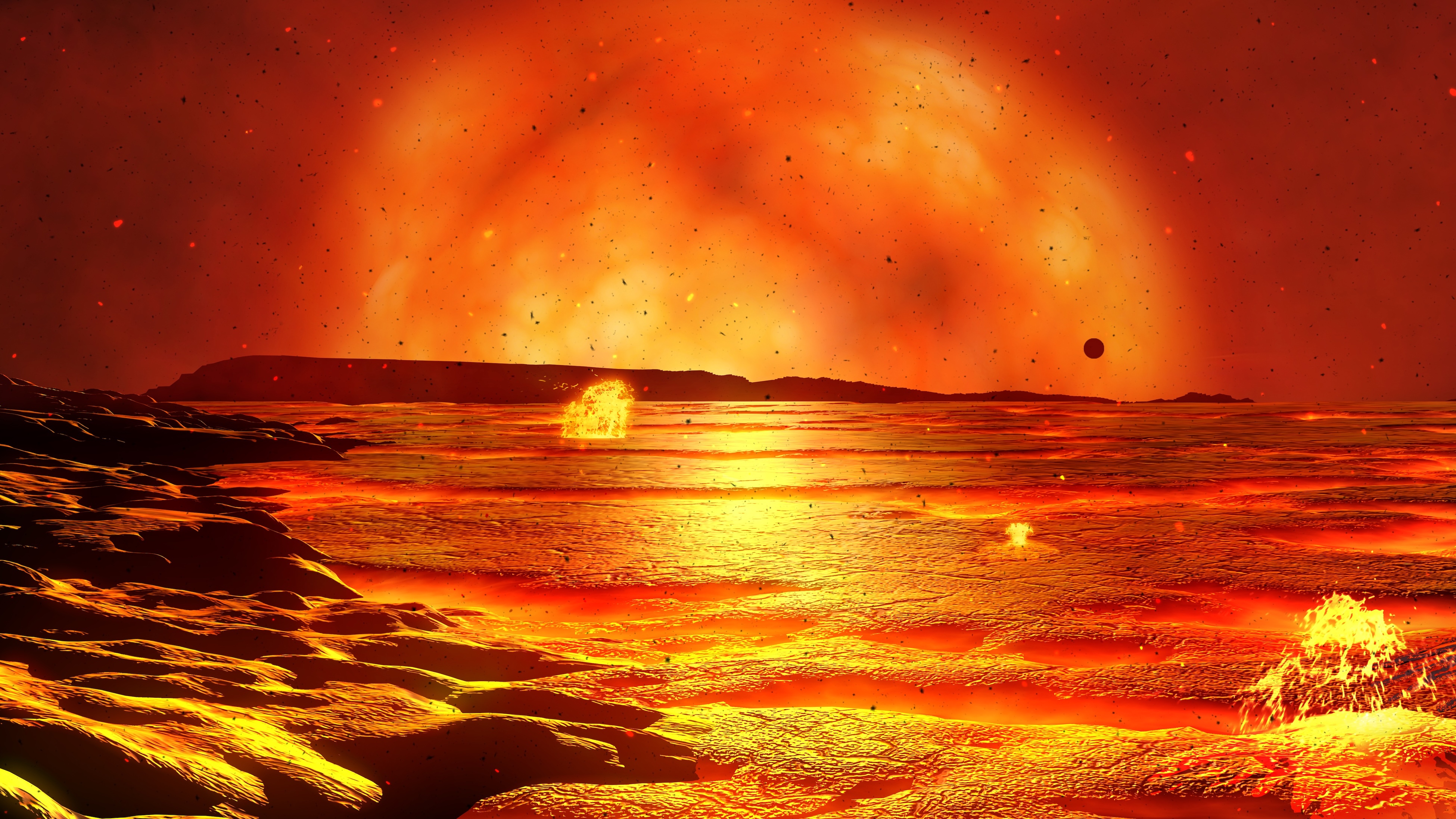 Sun over dying Earth. Illustration of the Sun, around 5 billion years in the future, heating a dying Earth. The oceans have evaporated, leaving salt-encrusted rocks. The Moon is seen passing in front of the massively swollen Sun. This stage of the Sun's life, known as its red giant stage, will begin when the Sun exhausts the hydrogen fuel in its core. It will then begin burning hydrogen in a shell surrounding the core, causing the Sun to expand. The expanding Sun will engulf the inner planets, and possibly the Earth. If the Earth survives this stage of the death of the Sun, it will freeze as the Sun collapses into a white dwarf star.