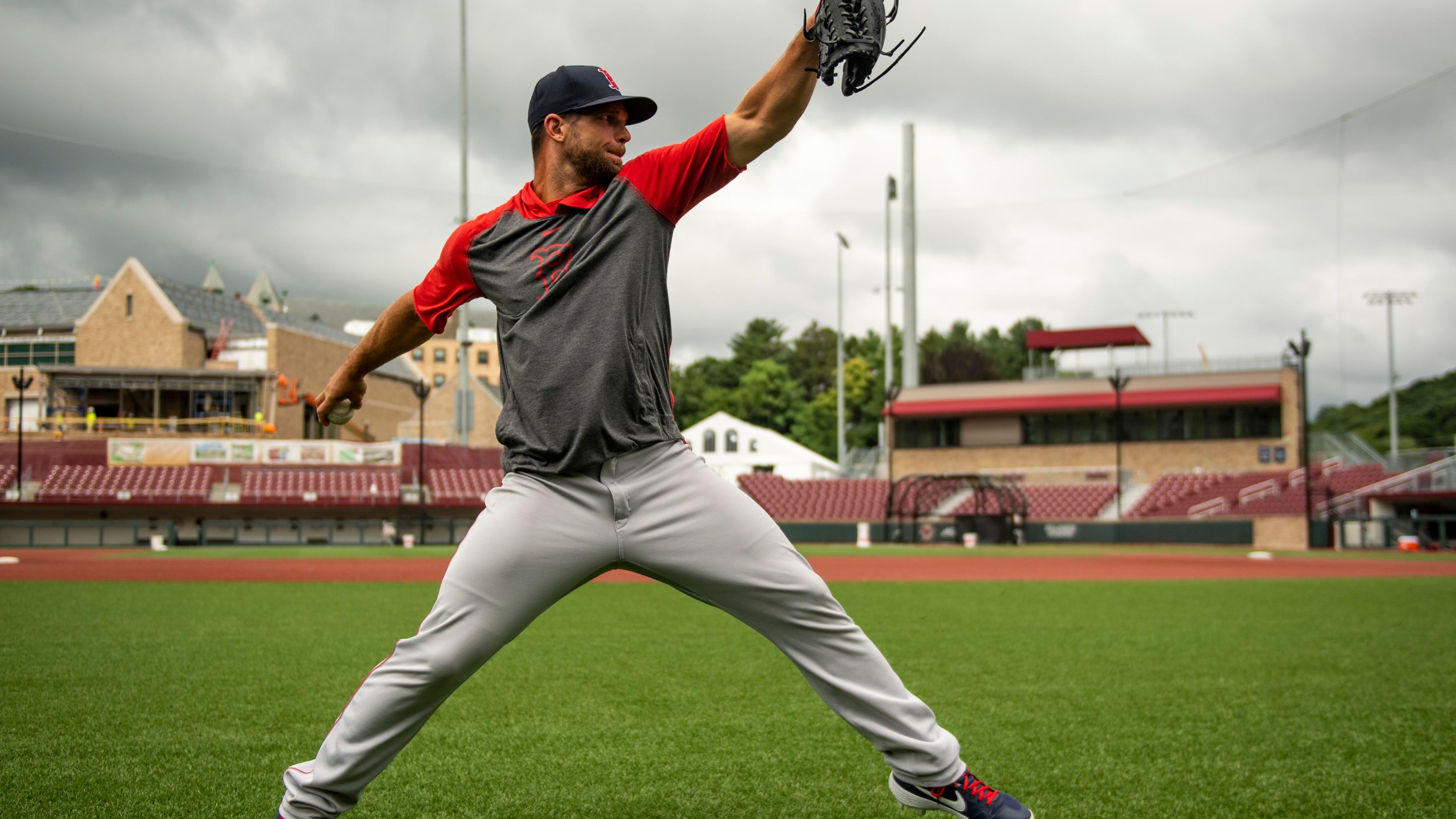 Marcus Walden of the Boston Red Sox throws during a summer camp workout before the start of the 2020 Major League Baseball season on July 15, 2020 at Boston College in Boston, Massachusetts. The season was delayed due to the coronavirus pandemic.