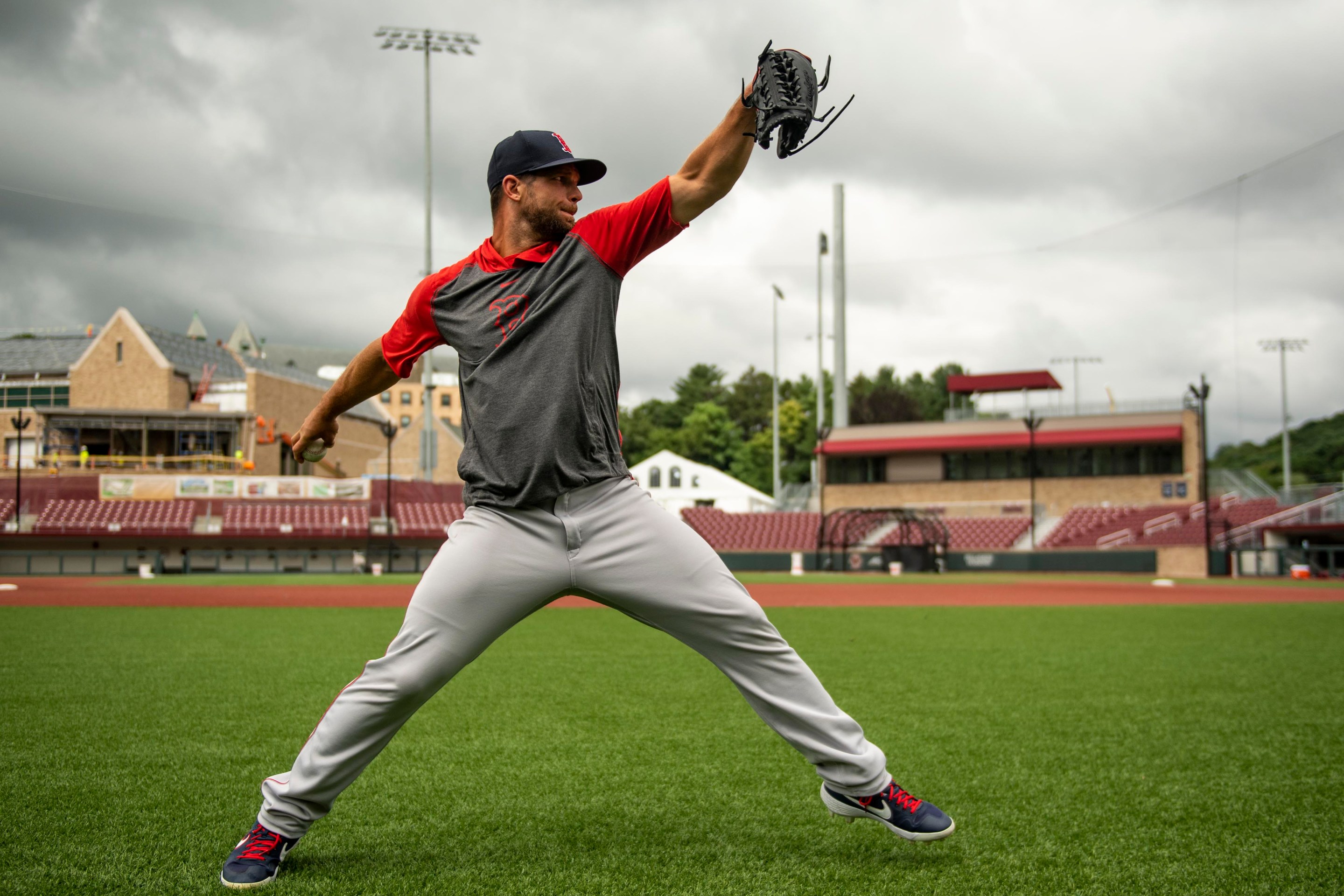 Marcus Walden of the Boston Red Sox throws during a summer camp workout before the start of the 2020 Major League Baseball season on July 15, 2020 at Boston College in Boston, Massachusetts. The season was delayed due to the coronavirus pandemic.