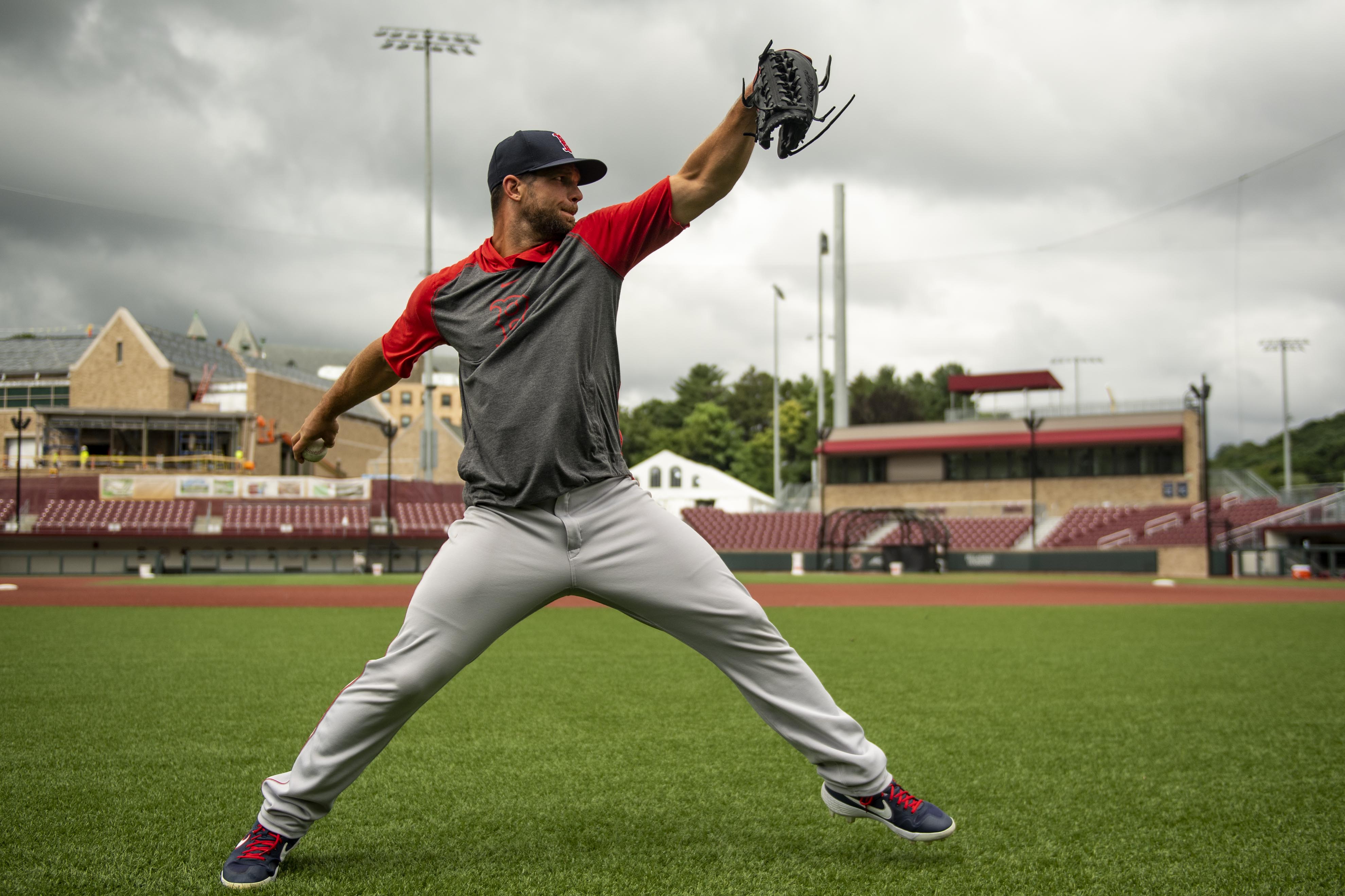 Marcus Walden of the Boston Red Sox throws during a summer camp workout before the start of the 2020 Major League Baseball season on July 15, 2020 at Boston College in Boston, Massachusetts. The season was delayed due to the coronavirus pandemic.