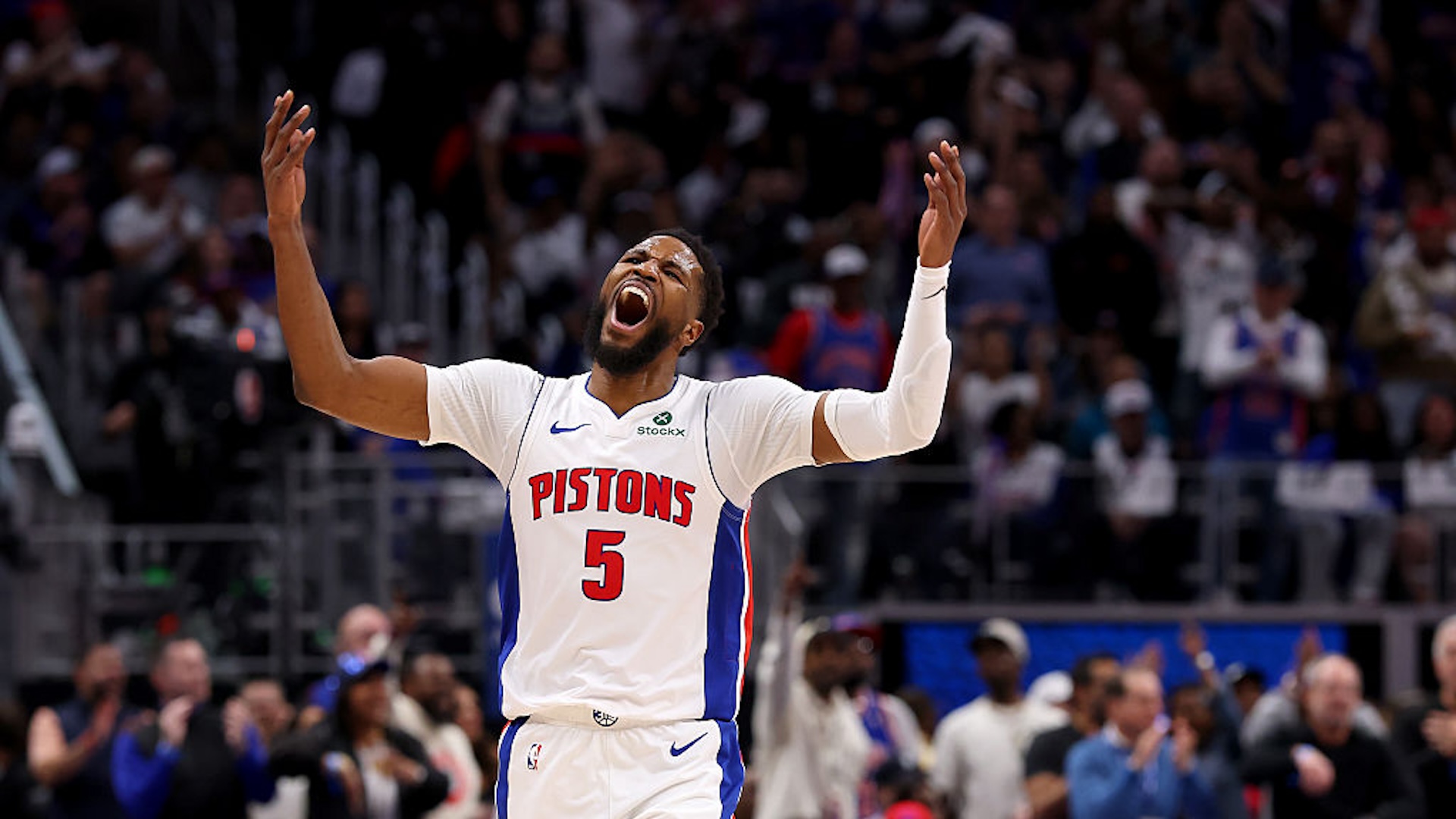 Malik Beasley #5 of the Detroit Pistons reacts in Game Four of the Eastern Conference First Round NBA Playoffs against the New York Knicks at Little Caesars Arena on April 27, 2025 in Detroit, Michigan. NOTE TO USER: User expressly acknowledges and agrees that, by downloading and or using this photograph, User is consenting to the terms and conditions of the Getty Images License Agreement.