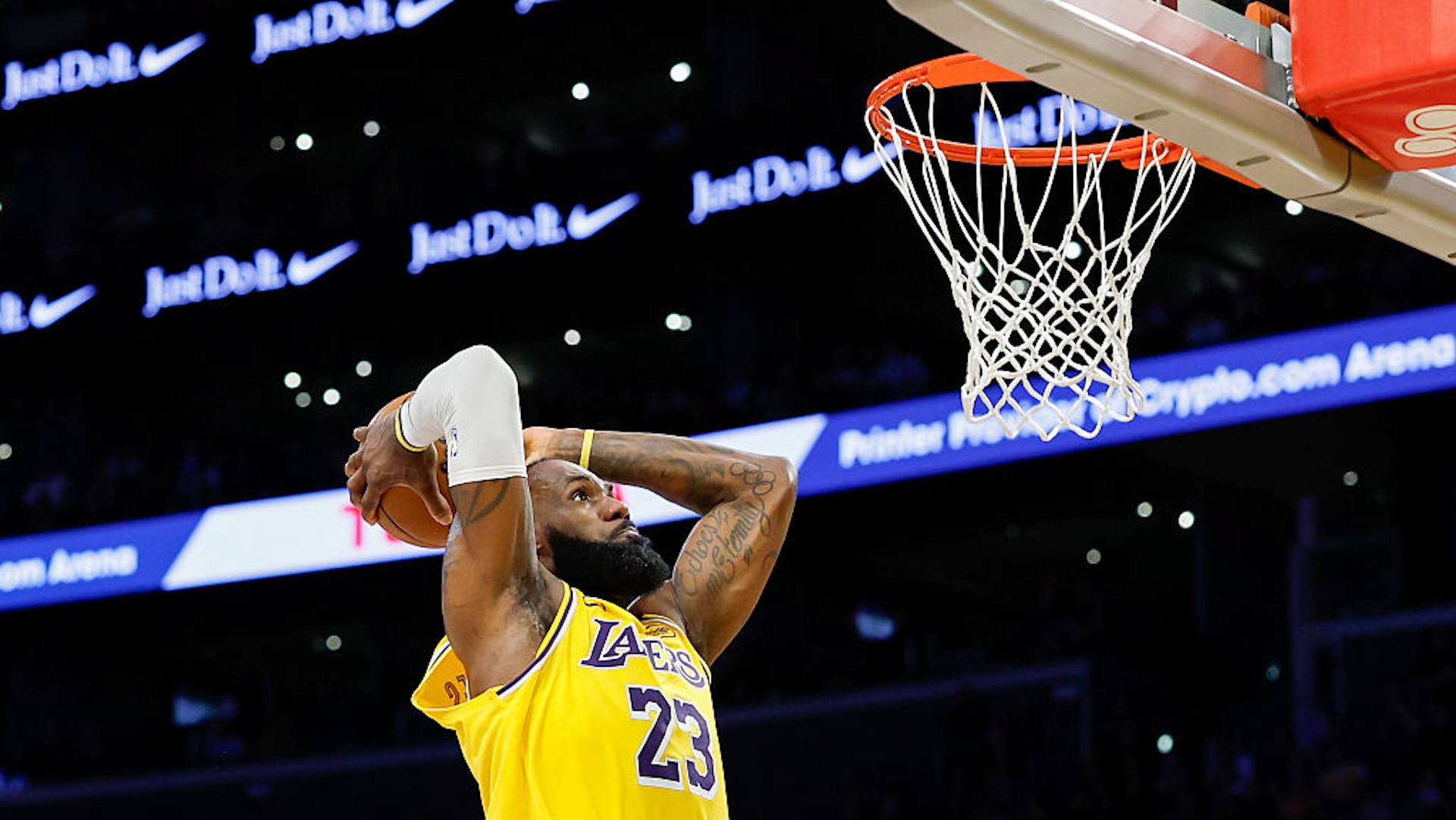 LeBron James #23 of the Los Angeles Lakers dunks the ball against the Minnesota Timberwolves during the second quarter in Game Five of the Western Conference First Round NBA Playoffs at Crypto.com Arena on April 30, 2025 in Los Angeles, California. NOTE TO USER: User expressly acknowledges and agrees that, by downloading and or using this photograph, User is consenting to the terms and conditions of the Getty Images License Agreement.