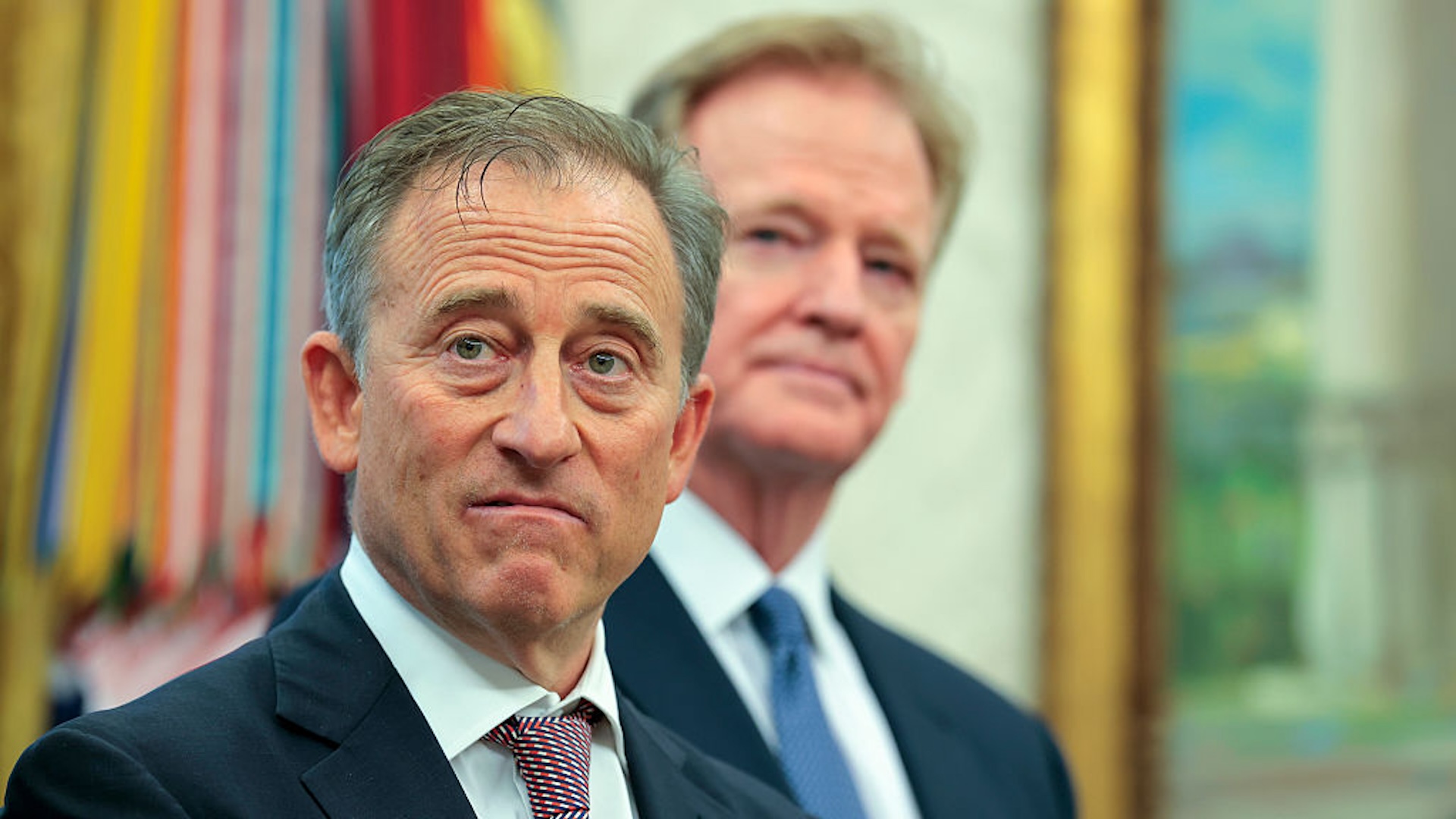 Washington Commanders owner Josh Harris (L) and NFL Commissioner Roger Goodell attend an event with U.S. President Donald Trump on the NFL Draft in the Oval Office of the White House on May 05, 2025 in Washington, DC. President Trump announced that the 2027 NFL Draft will be held on the National Mall.