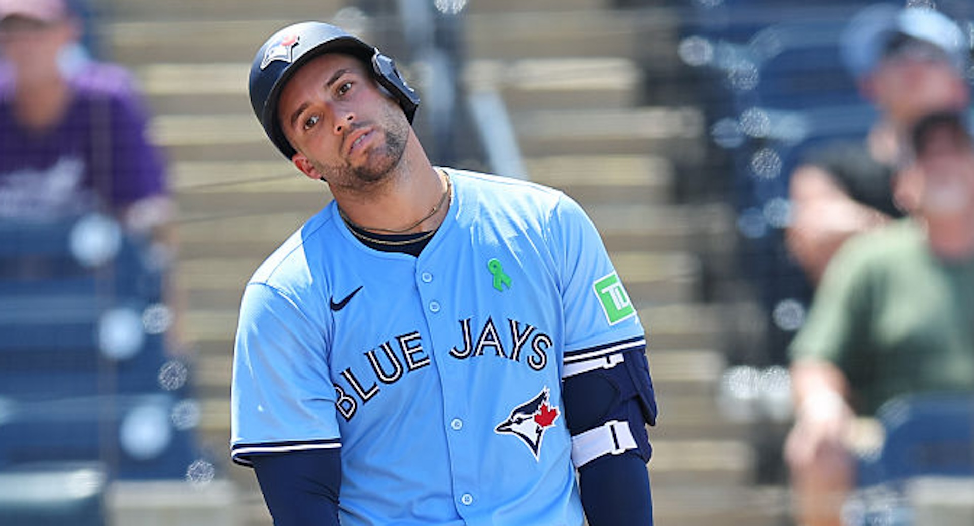 George Springer #4 of the Toronto Blue Jays reacts during the game between the Toronto Blue Jays and the Tampa Bay Rays at George M. Steinbrenner Field on Sunday, May 25, 2025 in Tampa, Florida.