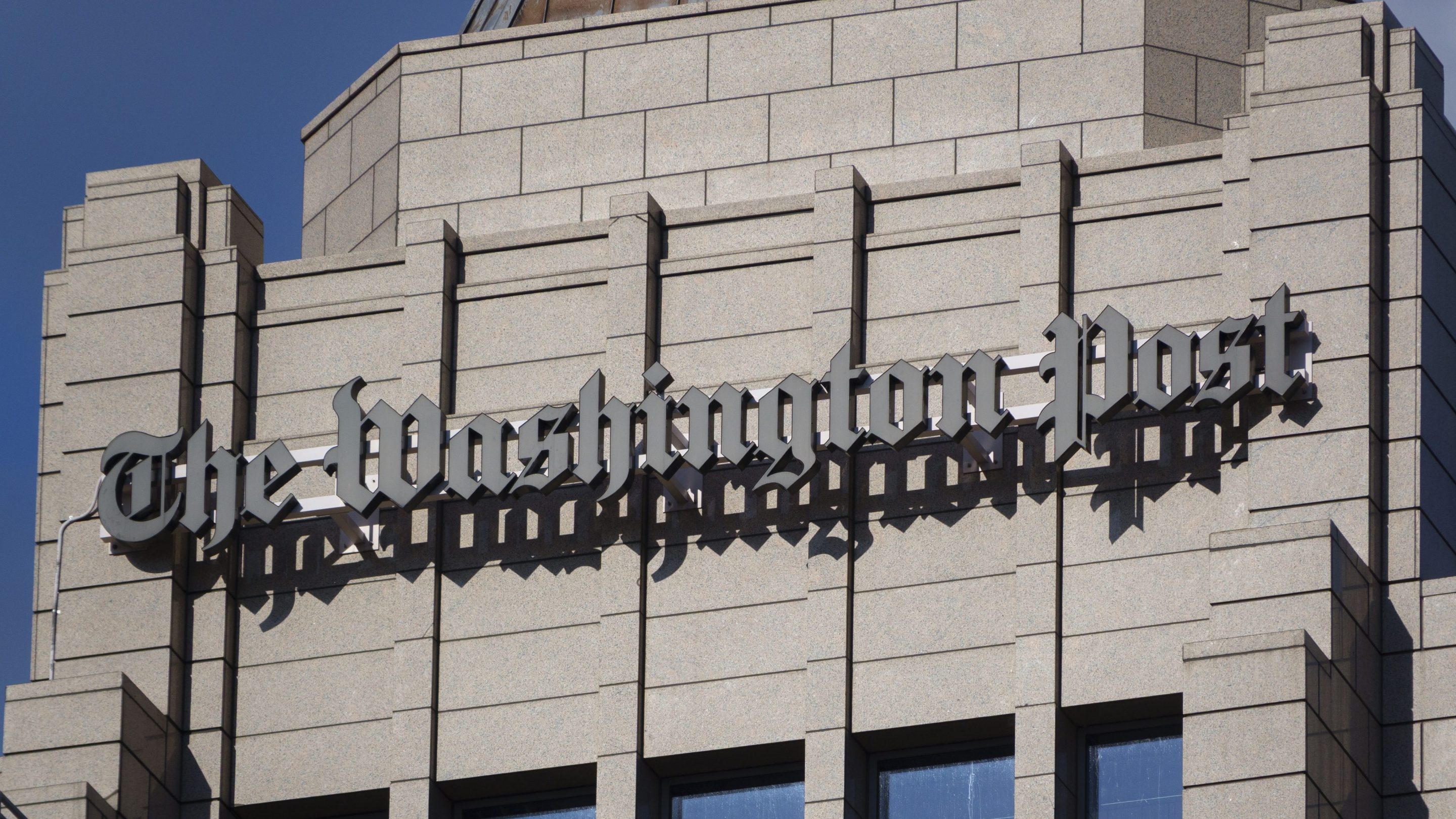 A Washington Post logo is displayed on top of the newspaper's editorial headquarters on May 26, 2025 in Washington, DC.