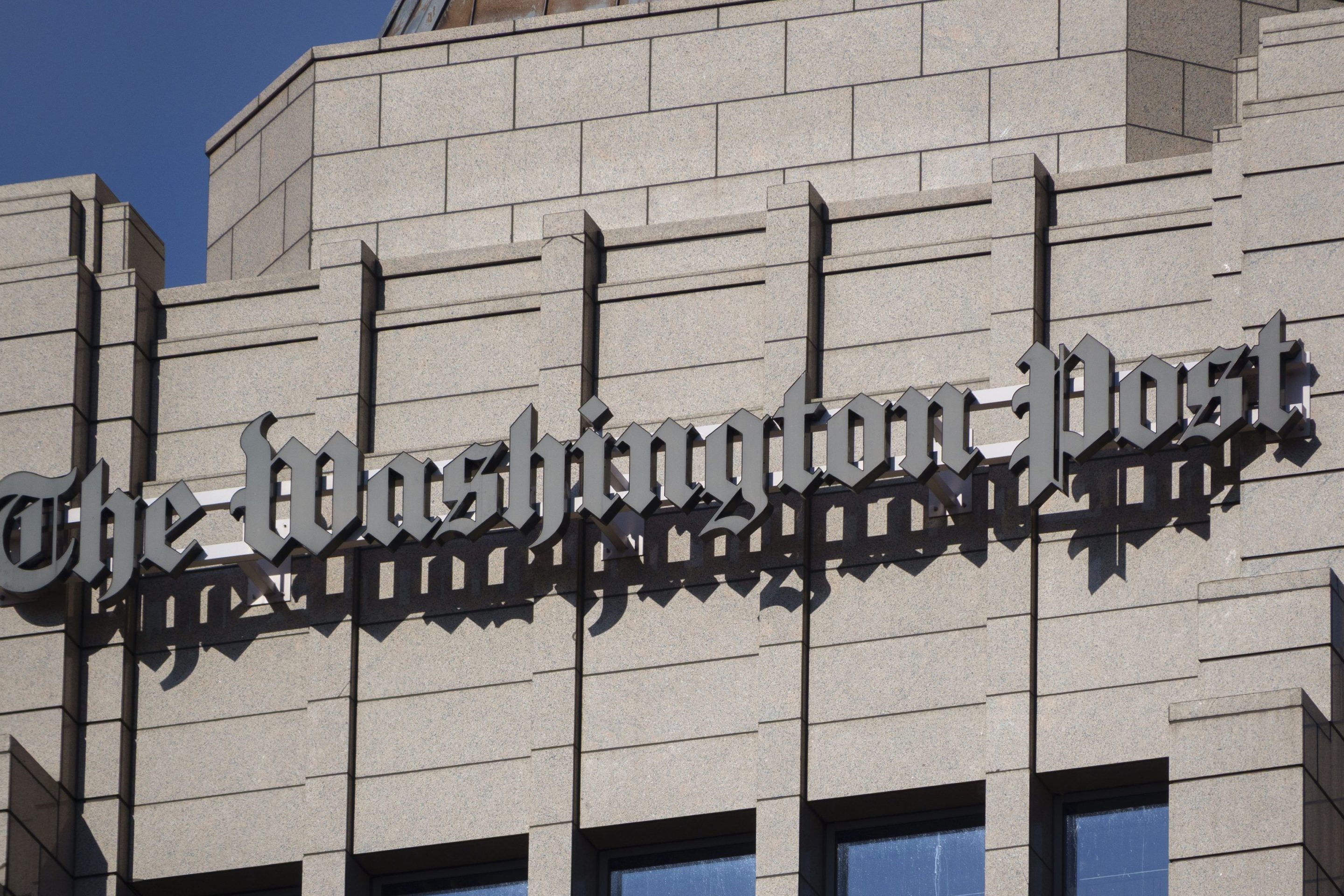 A Washington Post logo is displayed on top of the newspaper's editorial headquarters on May 26, 2025 in Washington, DC.